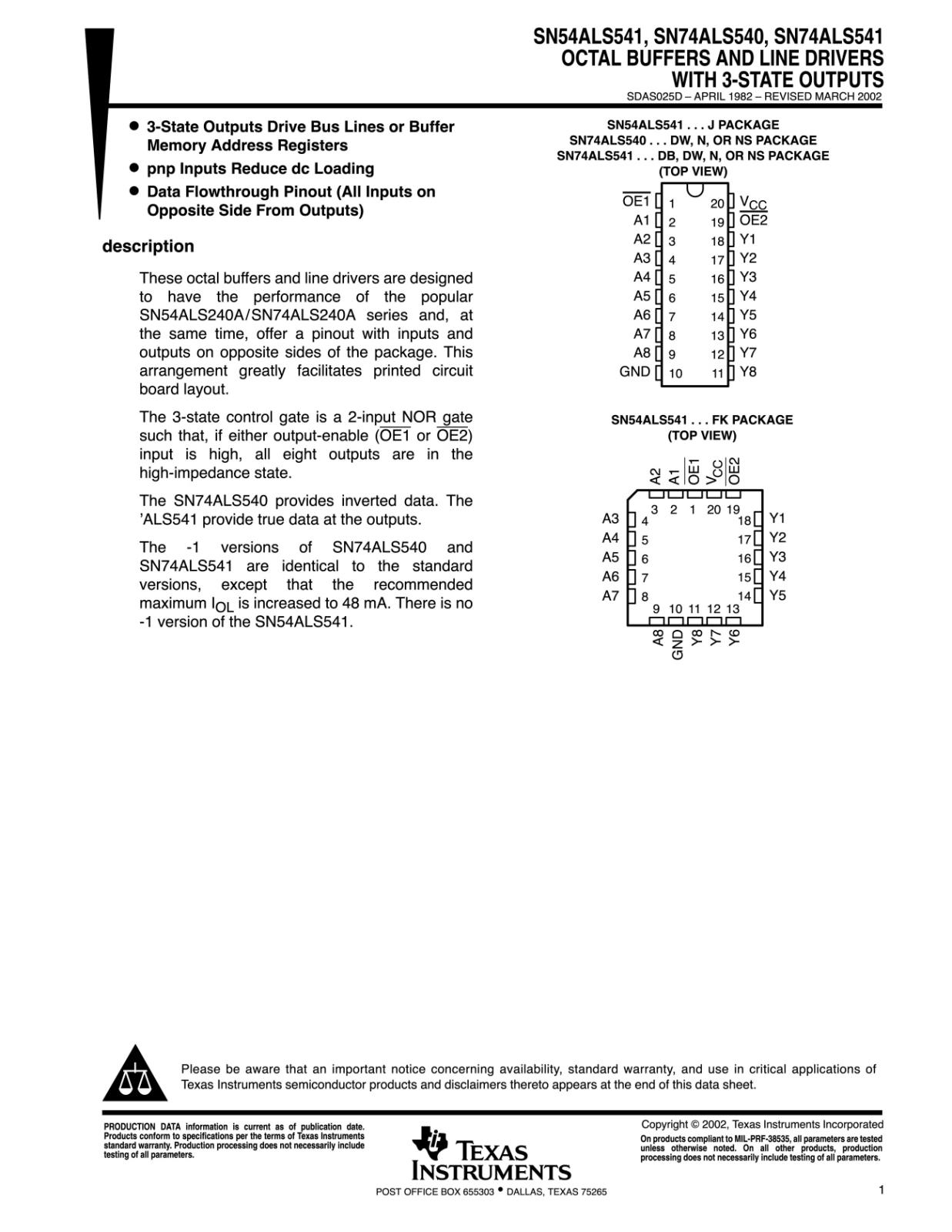 Lot De 2 Circuits Intégrés Texas Instruments SN74LS541N - DIP 20 Broches, Neufs D'origine