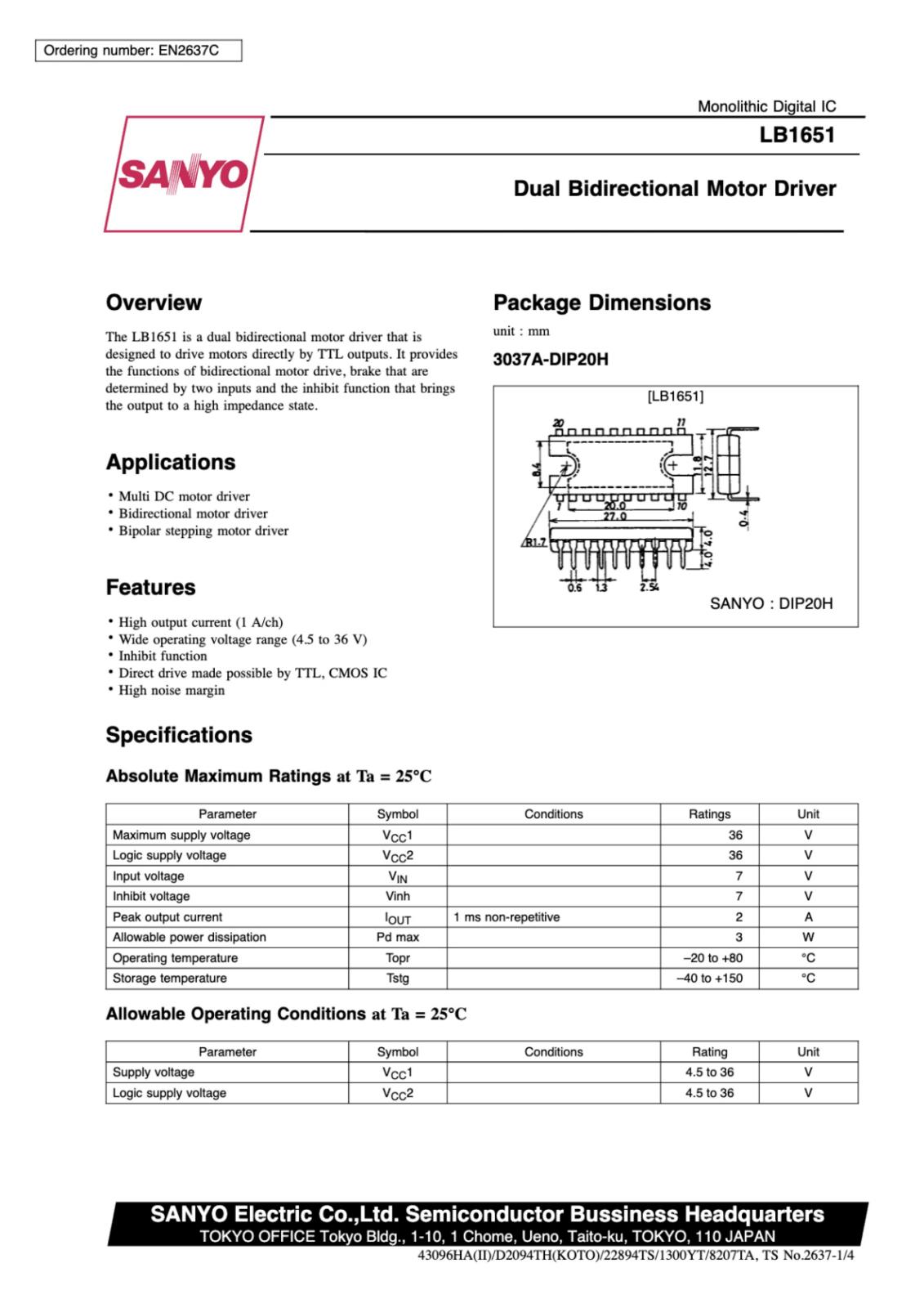 SANYO Dual Bidirectional Motor Driver LB1651-E (2個セット)