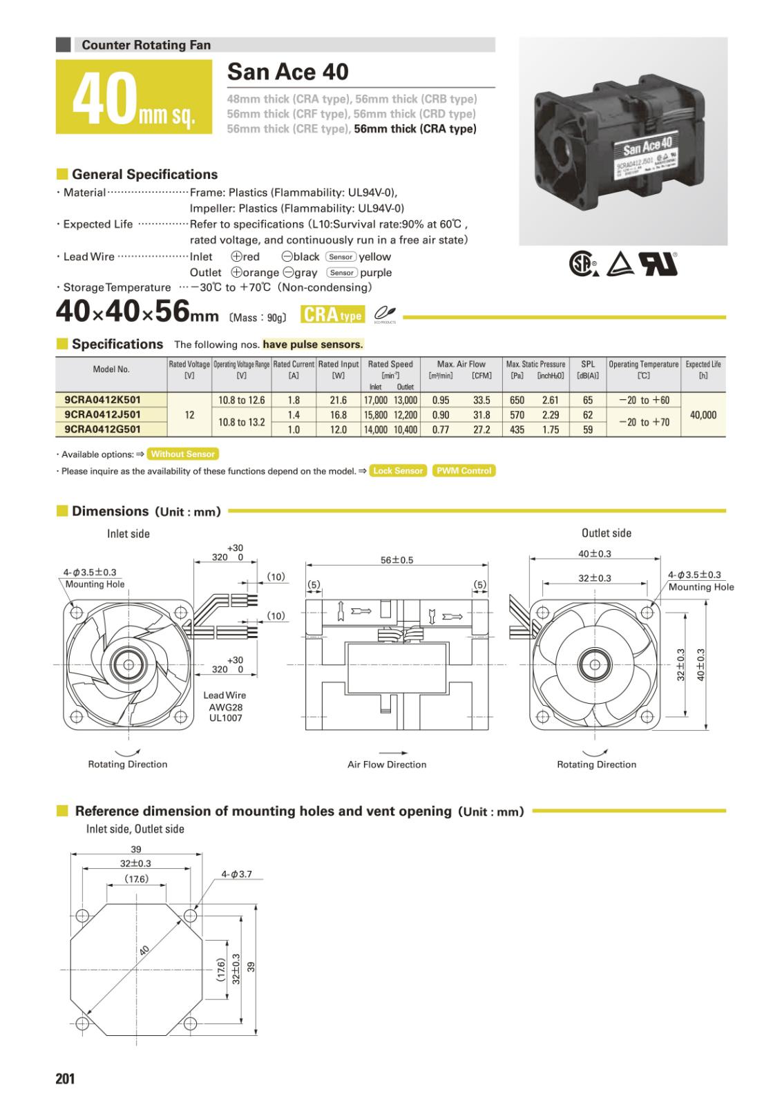 SANYO San Ace 40 DCファン 40x40x56mm 12V 9CRA0412P5J03
