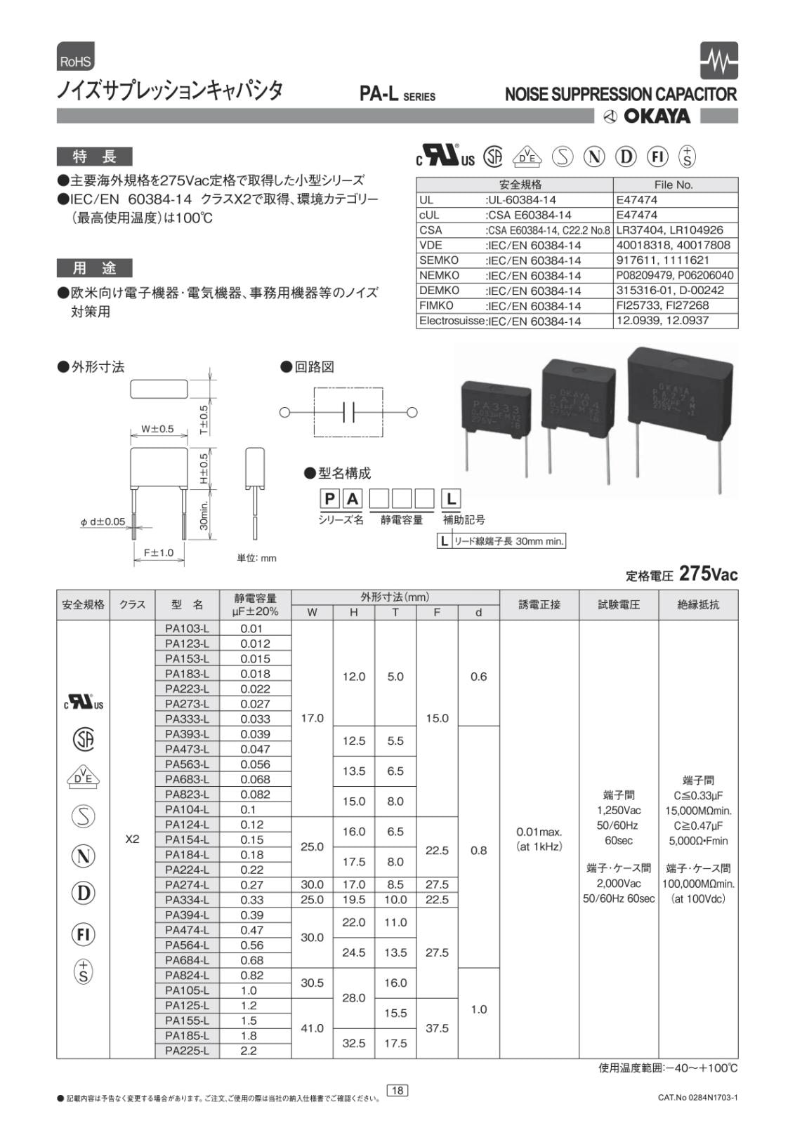 OKAYA ノイズサプレッションキャパシタ 1.0μF リード長 30mm 定格電圧