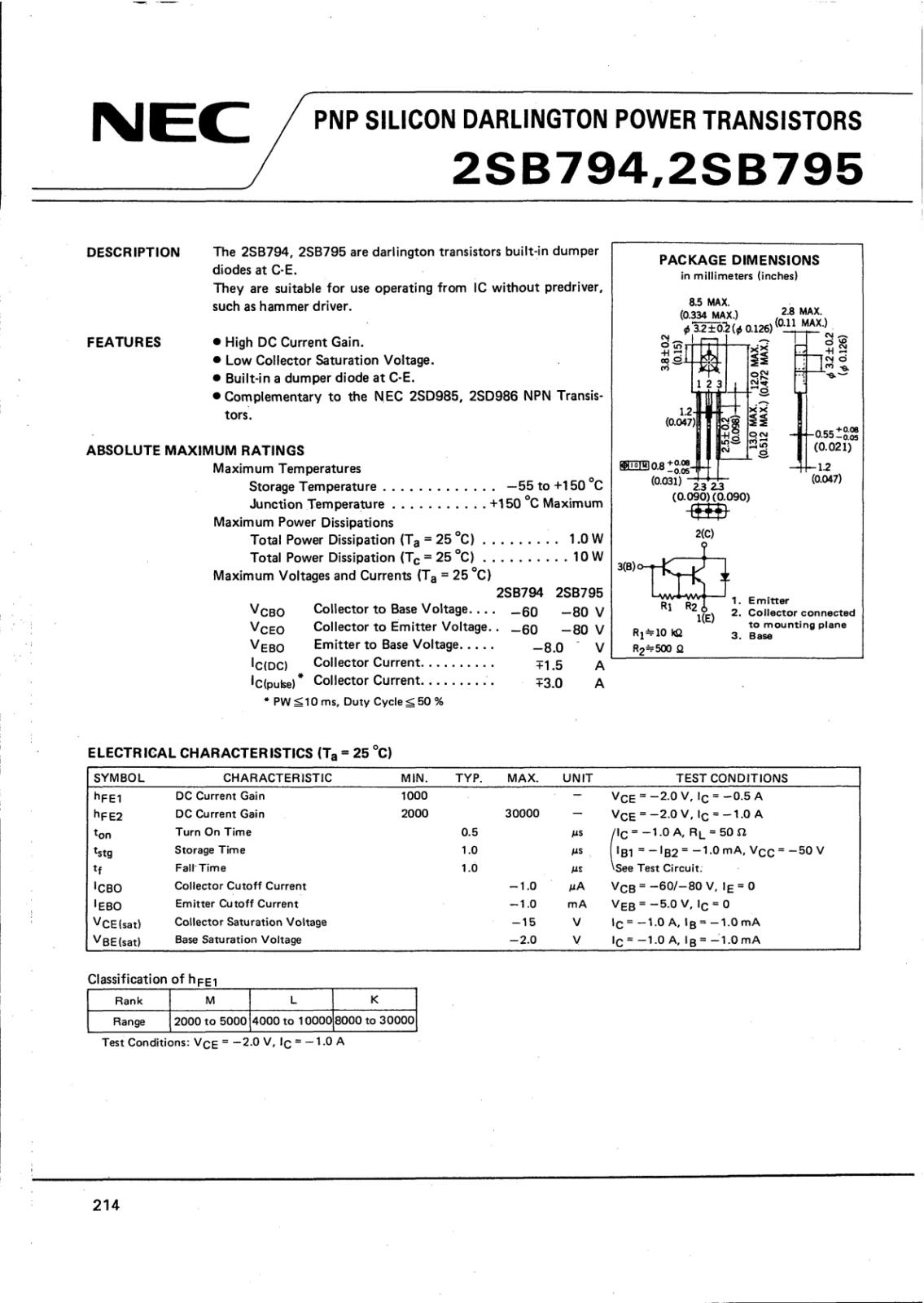 NEC PNP ダーリントン トランジスタ -80V 1.5A 2SB795 (5個セット)