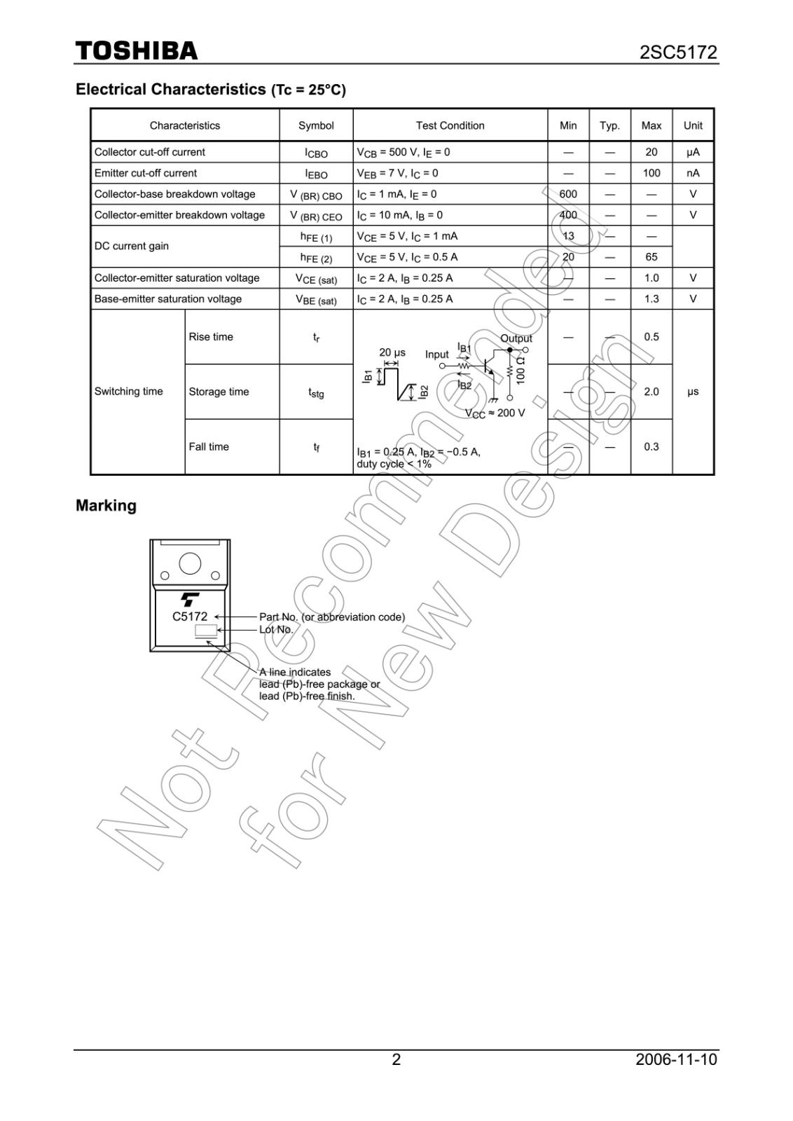 TOSHIBA シリコン NPN トランジスタ 600V 5A 2SC5172 (5個セット)