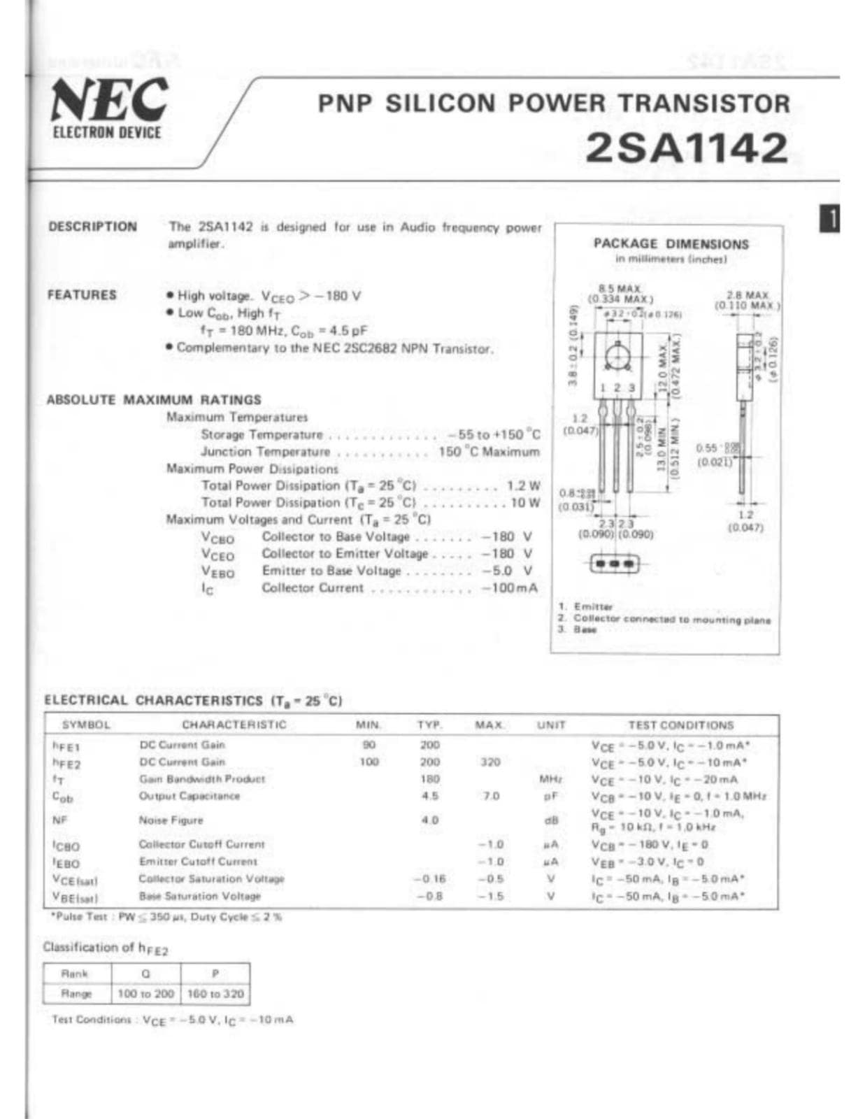 NEC PNP トランジスタ -180V -0.1A 2SA1142 (5個セット)