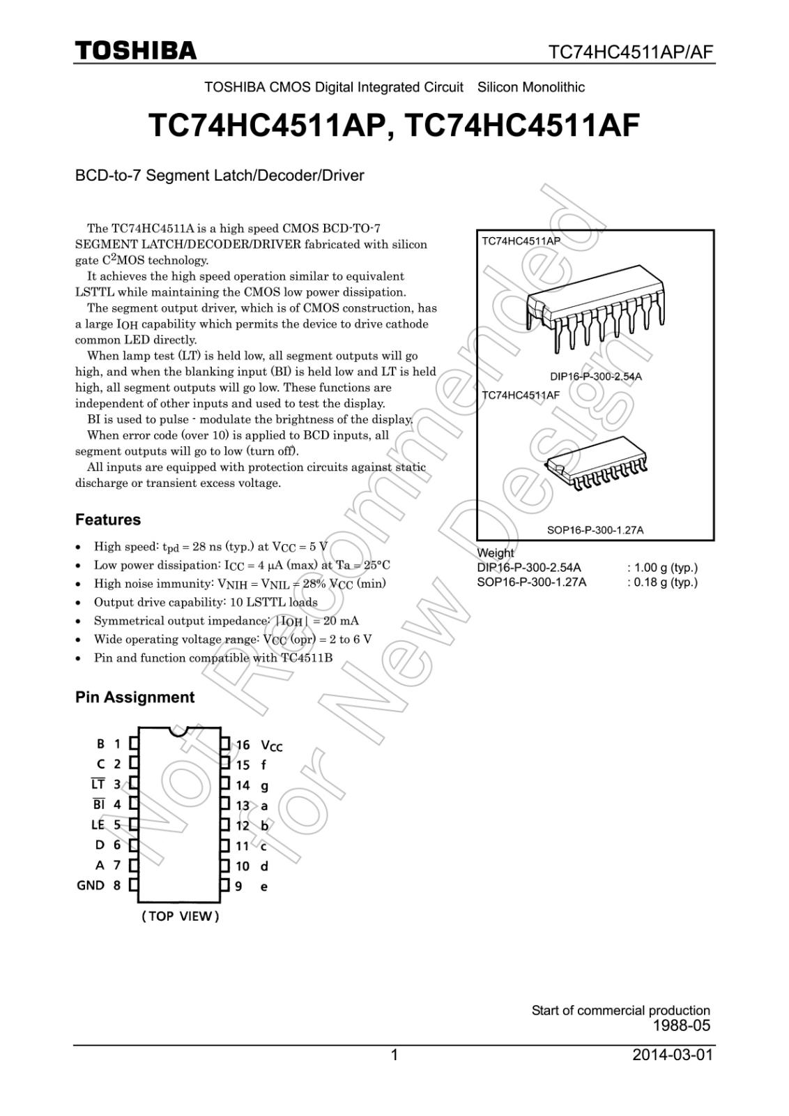 TOSHIBA ロジックIC BCD-to-7 Segment Latch / Decoder / Driver TC74HC4511AF ...