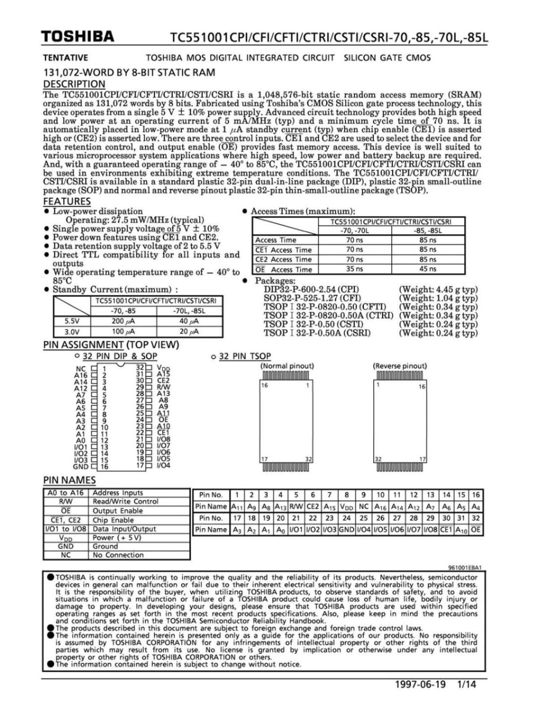 TOSHIBA SRAM 8-BIT STATIC RAM TC551001CFTI-85L 