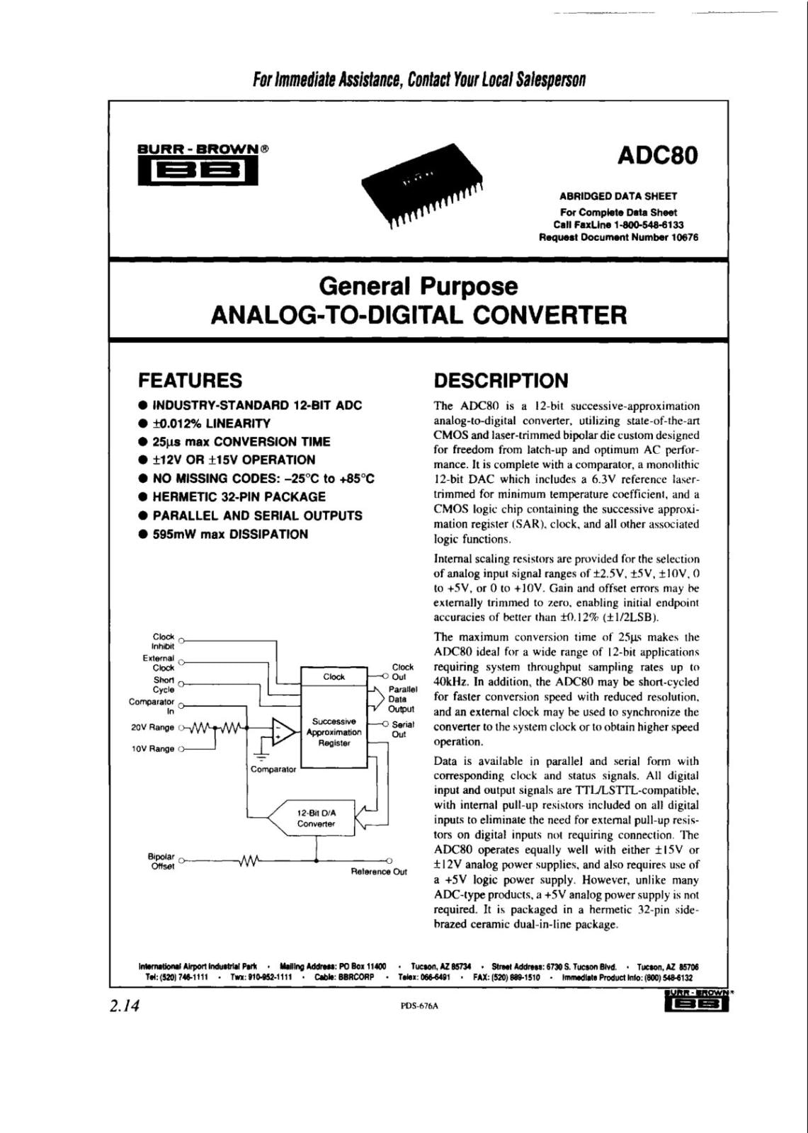 Burr Brown A/Dコンバータ ANALOG TO DIGITAL CONVERTER ADC80AG-12