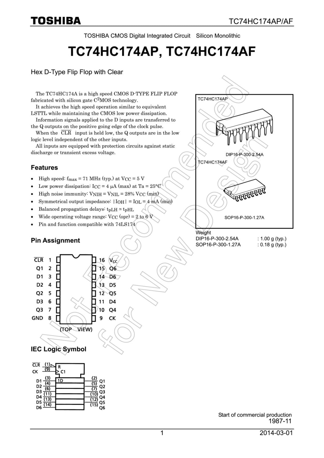 TOSHIBA ロジックIC Hex D-Type Flip Flop with Clear TC74HC174AF (EL,F) (5個セット)
