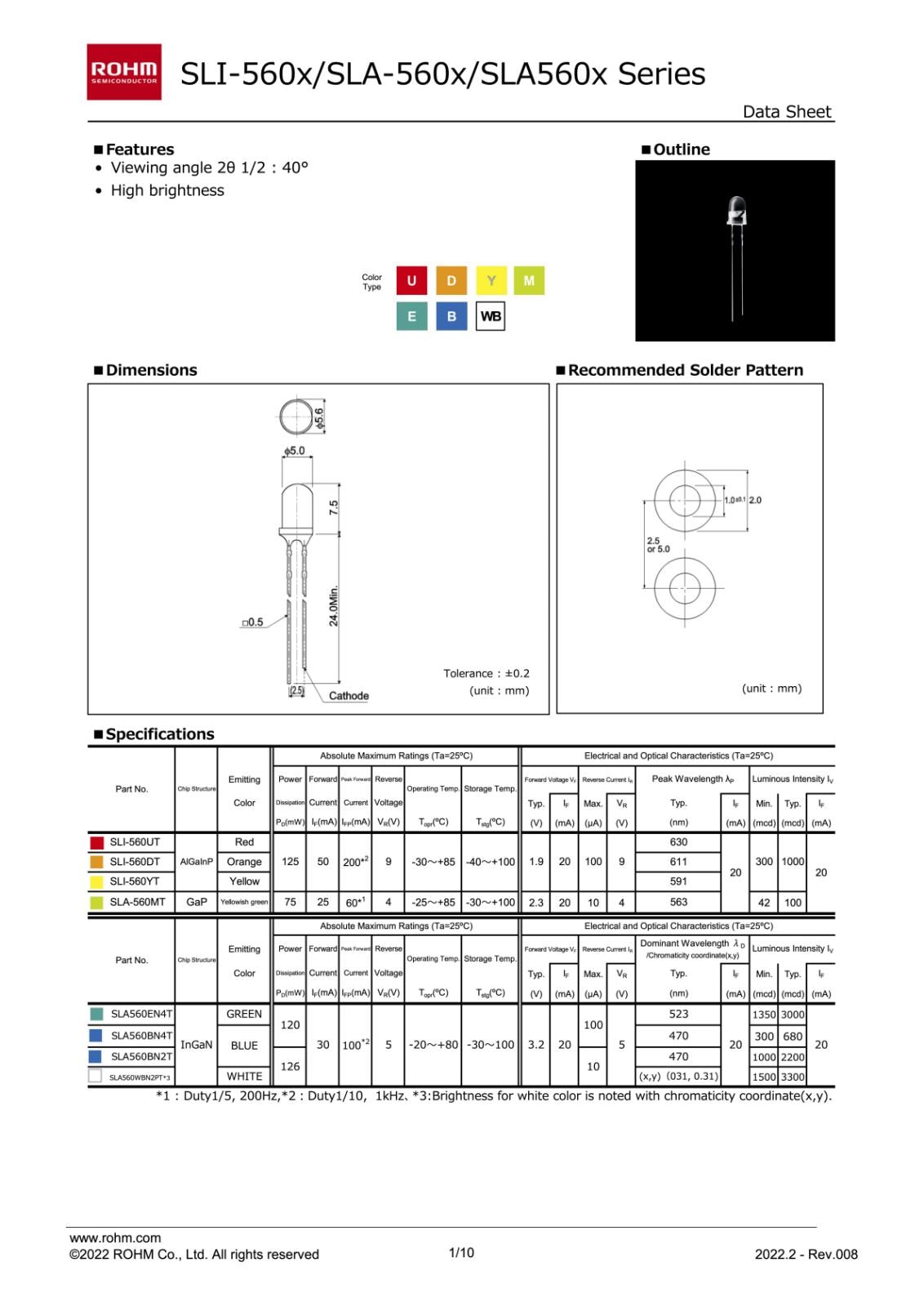 ROHM 高輝度 砲弾型 LED 青色 BLUE Φ5 SLA560BC4T3F XK (5個セット)
