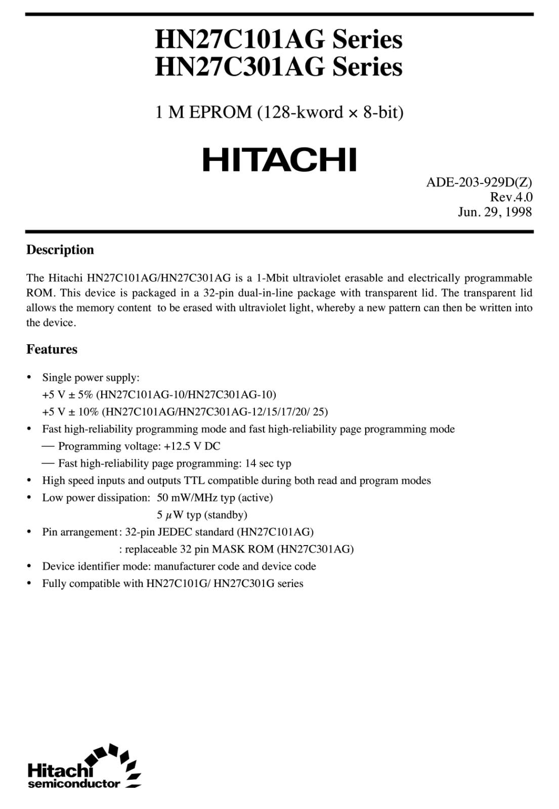 HITACHI UV EPROM 1M 200ns HN27C301AG-20