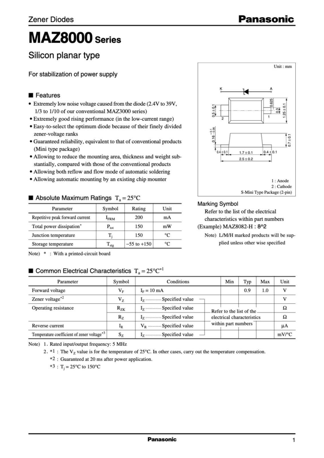 Panasonic SMD 面実装 ツェナーダイオー 4.7V MAZ80470LL MA8047-L (TX) (5個セット)
