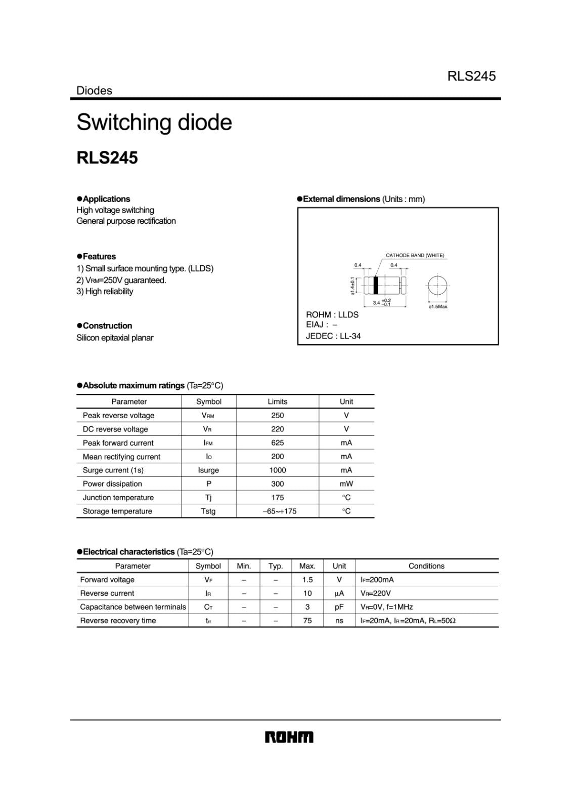 ROHM SMD 面実装 スイッチングダイオード 220V 200mA RLS245 TE-11 (5個セット)
