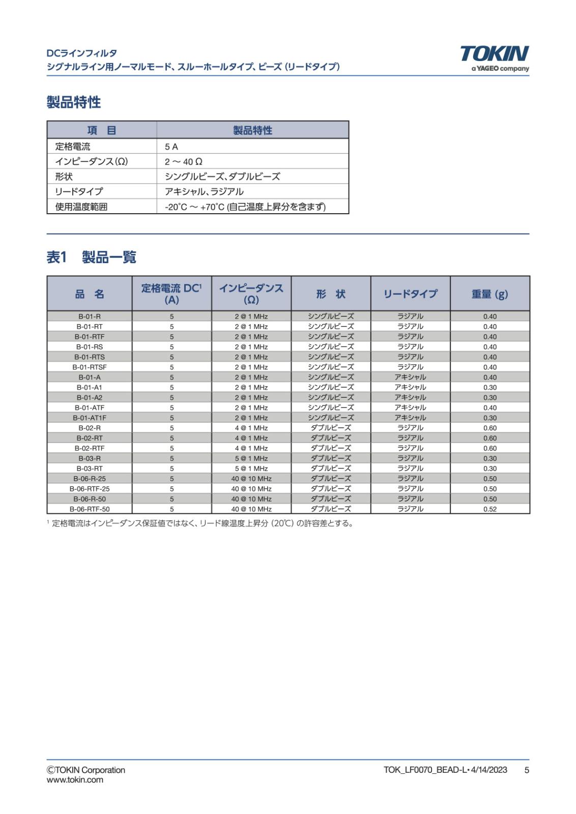 TOKIN ラジアルリード ノイズ対策 DCラインフィルタ シングルビーズ 5A B-01-RTS (5個セット)