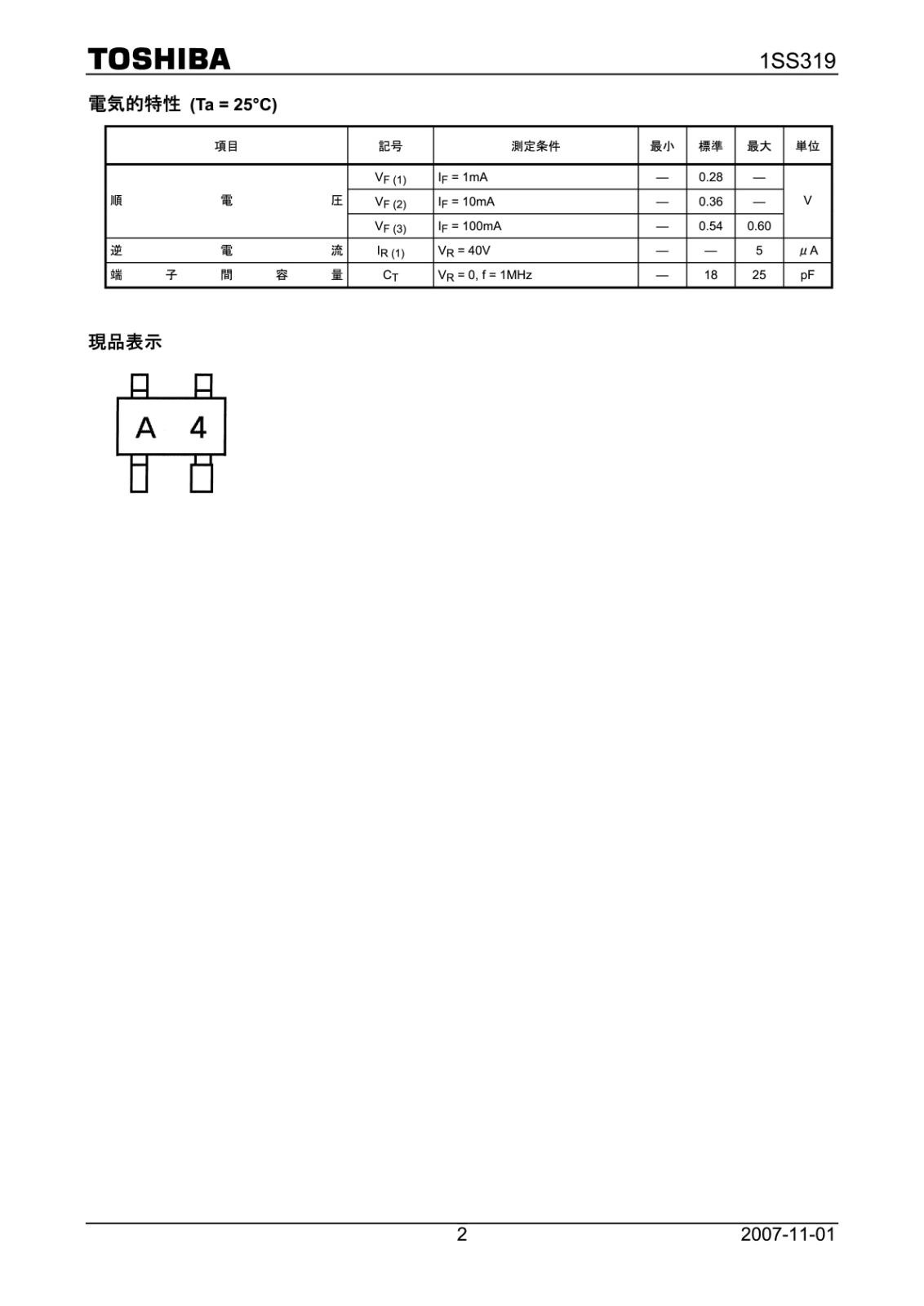 TOSHIBA SMD 面実装 ショットキー バリア ダイオード 100mA 45V 1SS319 (TE85L) (5個セット)