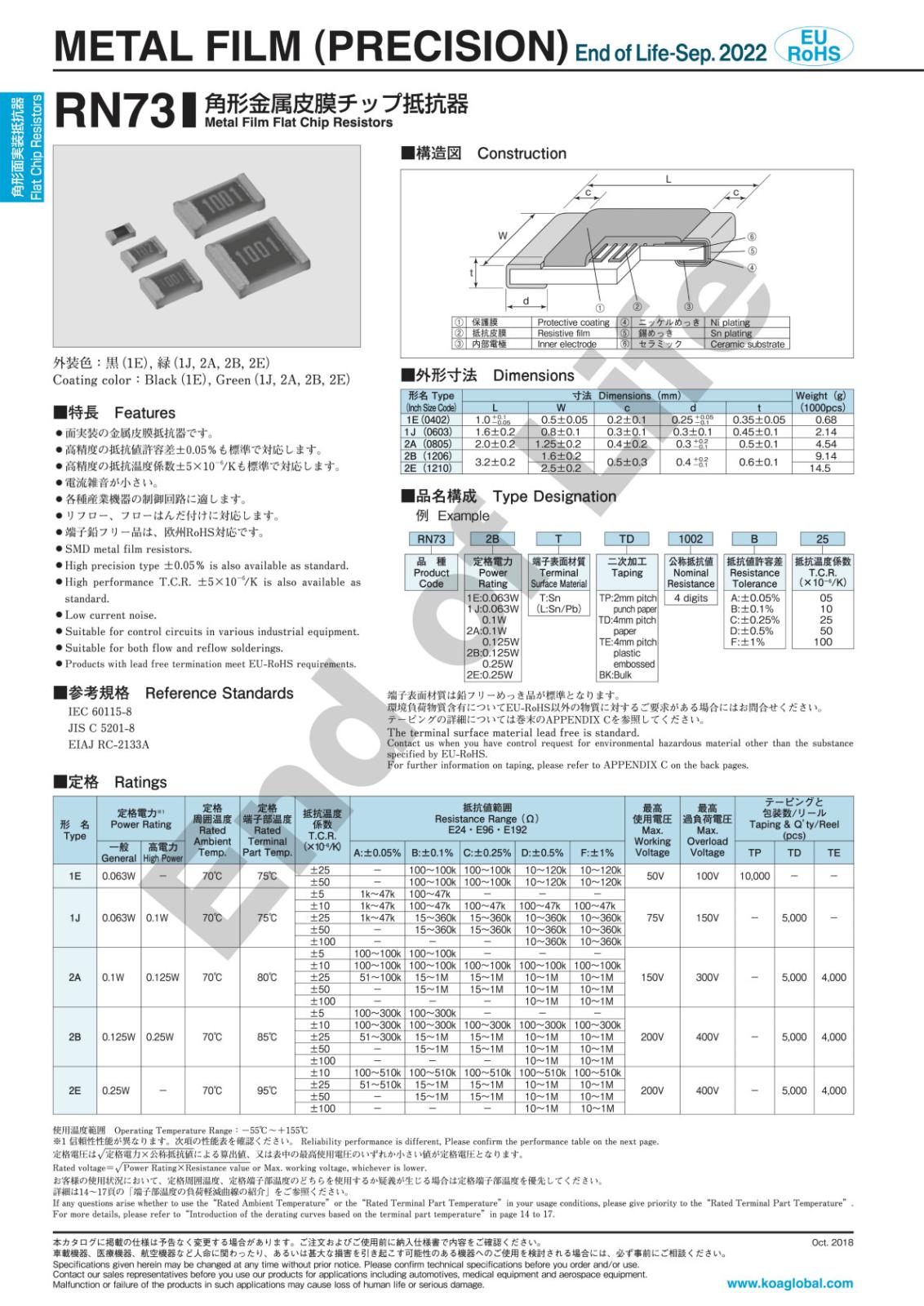 KOA SMD 面実装 角形 金属皮膜チップ 抵抗器 0.125W 330KΩ ± 0.5% RN732ATTD3303B25 (10個セット)
