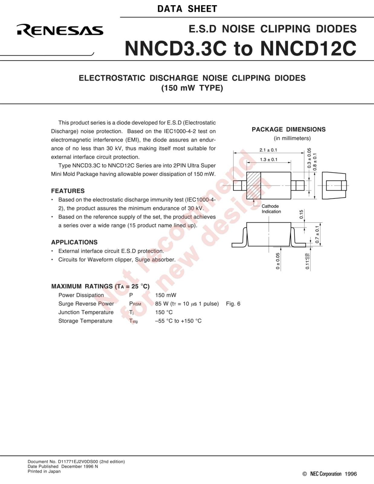 NEC SMD 面実装 ESD ノイズクリッピング ダイオード 7.5V 150mW NNCD7.5C-T1 (5個セット)