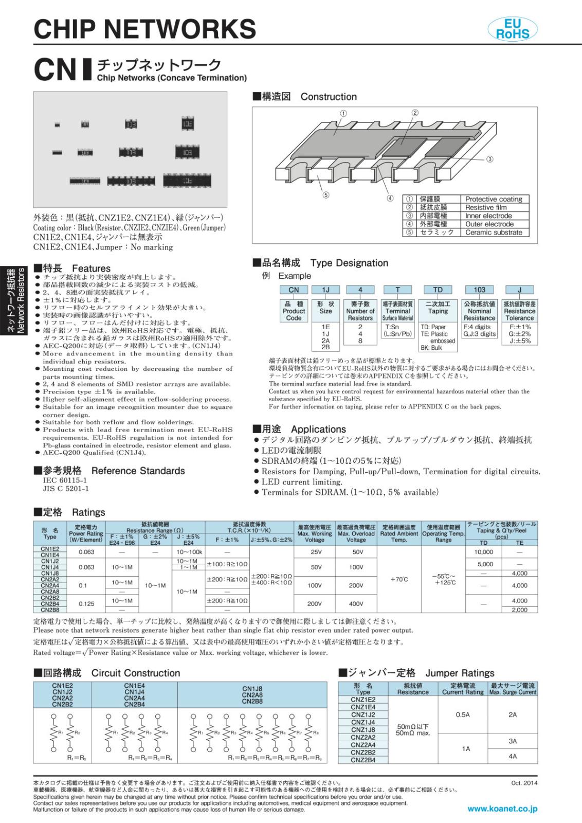 KOA SMD 面実装 抵抗器 チップネットワーク 抵抗アレイ 0.063W 10KΩ J ± 5% CN1E4KTTD103J (10個セット)