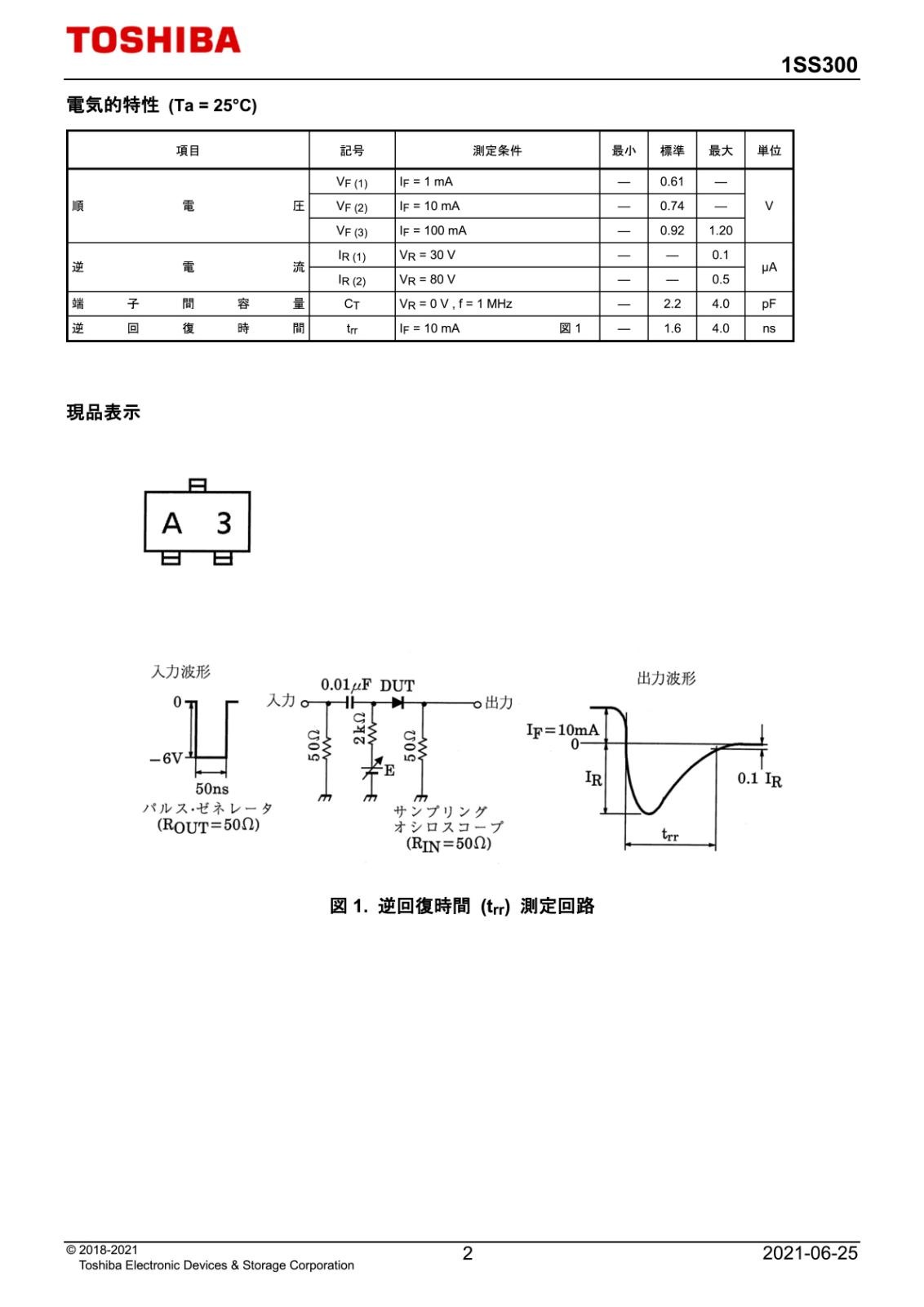 TOSHIBA SMD 面実装 小信号 スイッチングダイオード 80V 100mA 1SS300,LF (T (5個セット)