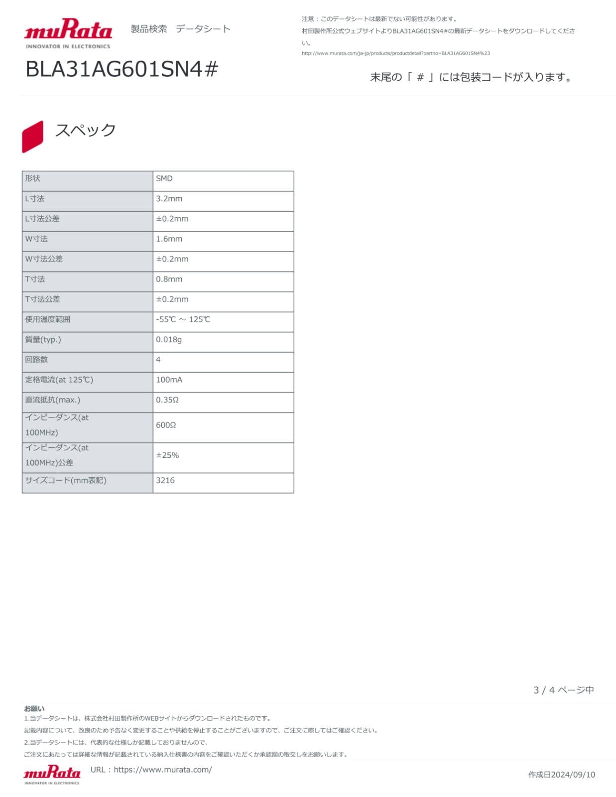 MURATA SMD 面実装 フェライトビーズ インダクタ型フィルタ EMI除去フィルタ 600Ω BLA31AG601SN4D (5個セット)