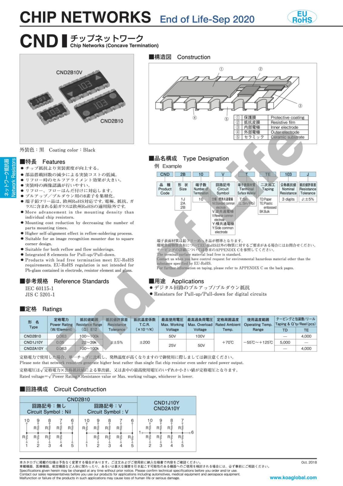 KOA SMD 面実装 抵抗器 チップネットワーク 抵抗アレイ 0.063W 2.2KΩ J ± 5% CND2B10TE222J (5個セット)