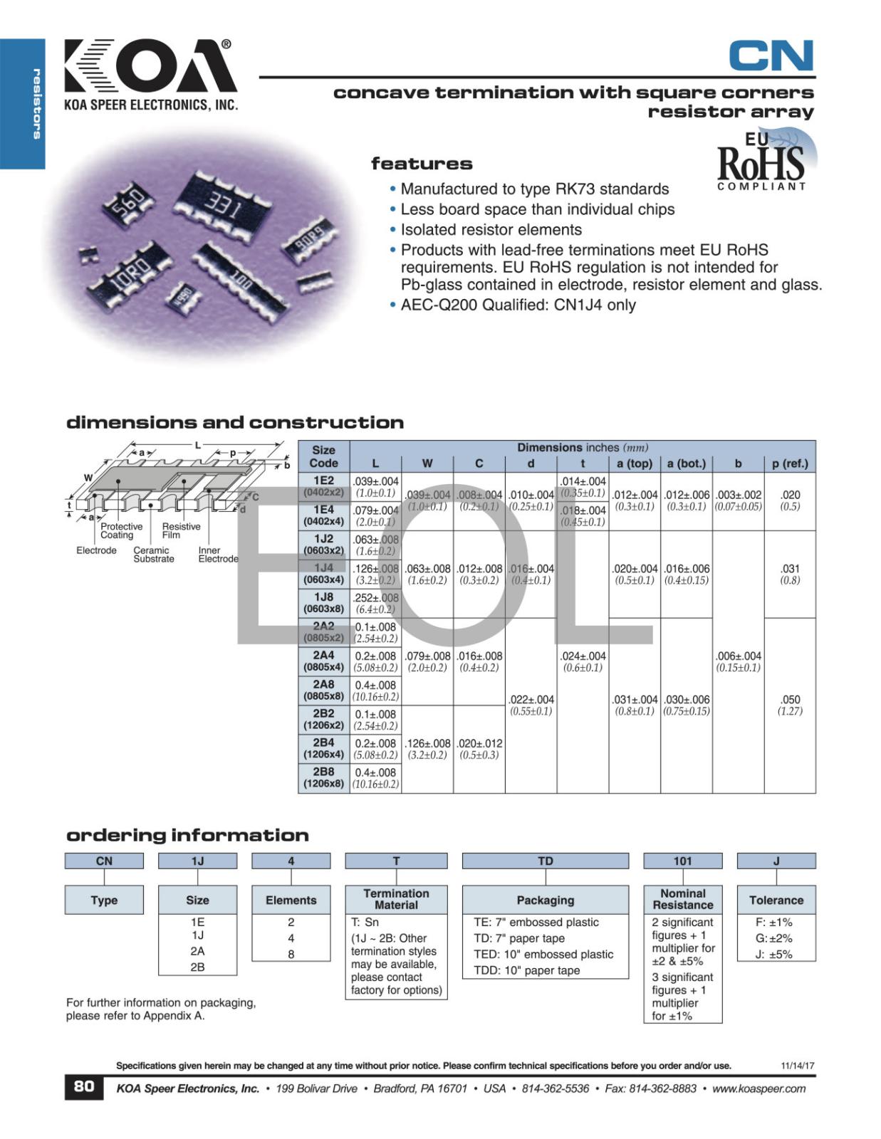 KOA SMD 面実装 抵抗器 チップネットワーク 抵抗アレイ 0.063W 750Ω J ± 5% CN1J4KTTD451J (10個セット)