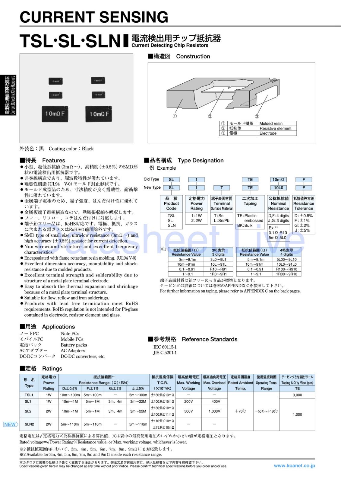 KOA SMD 面実装 電流検出用チップ抵抗器 1W 8.2mΩ 1% SL1TTE8L20F (5個セット)