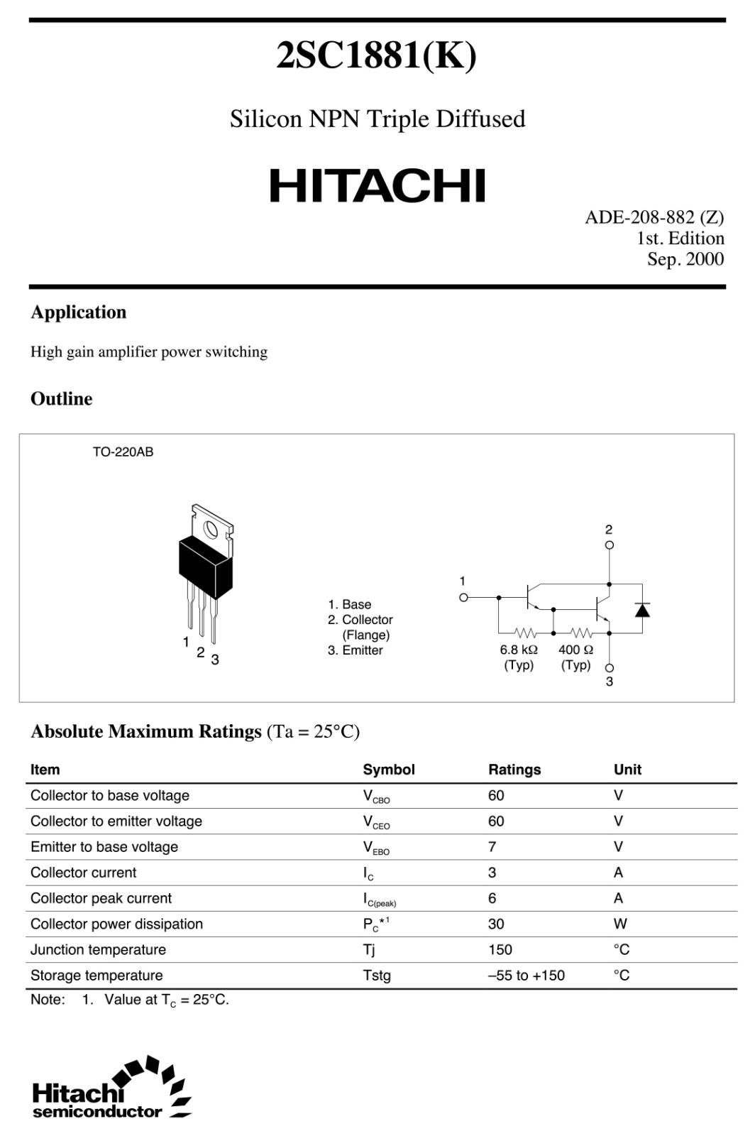 RENESAS Silicon NPN Triple Diffused ダーリントン トランジスタ 60V 3A 2SC1881K