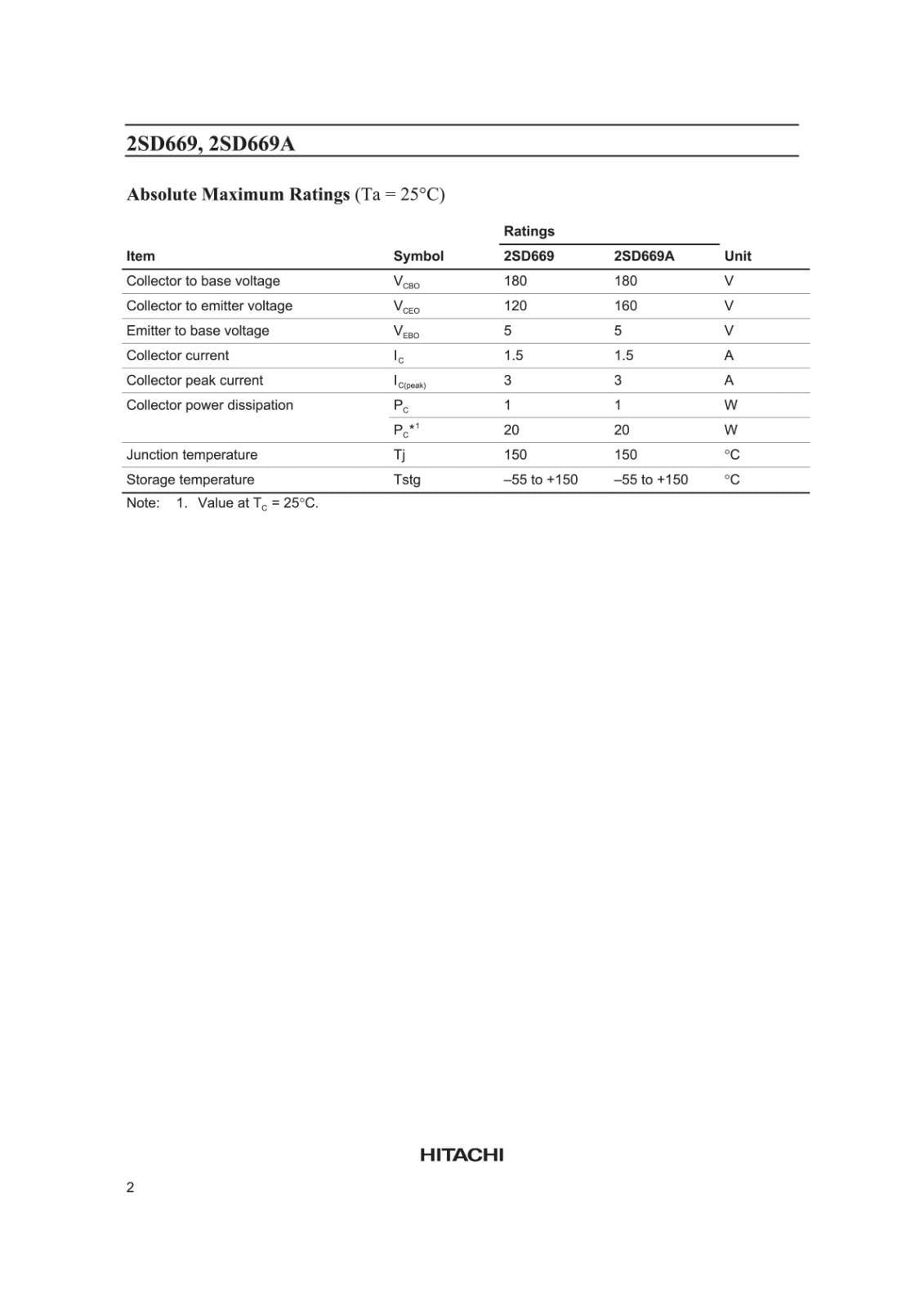 HITACHI Silicon NPN Epitaxial バイポーラ トランジスタ 180V 1.5A 2SD669 C (5個セット)