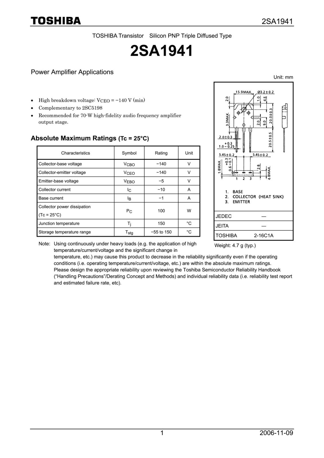 TOSHIBA Silicon PNP Triple Diffused バイポーラ トランジスタ 140V 10A 2SA1941-O (Q)