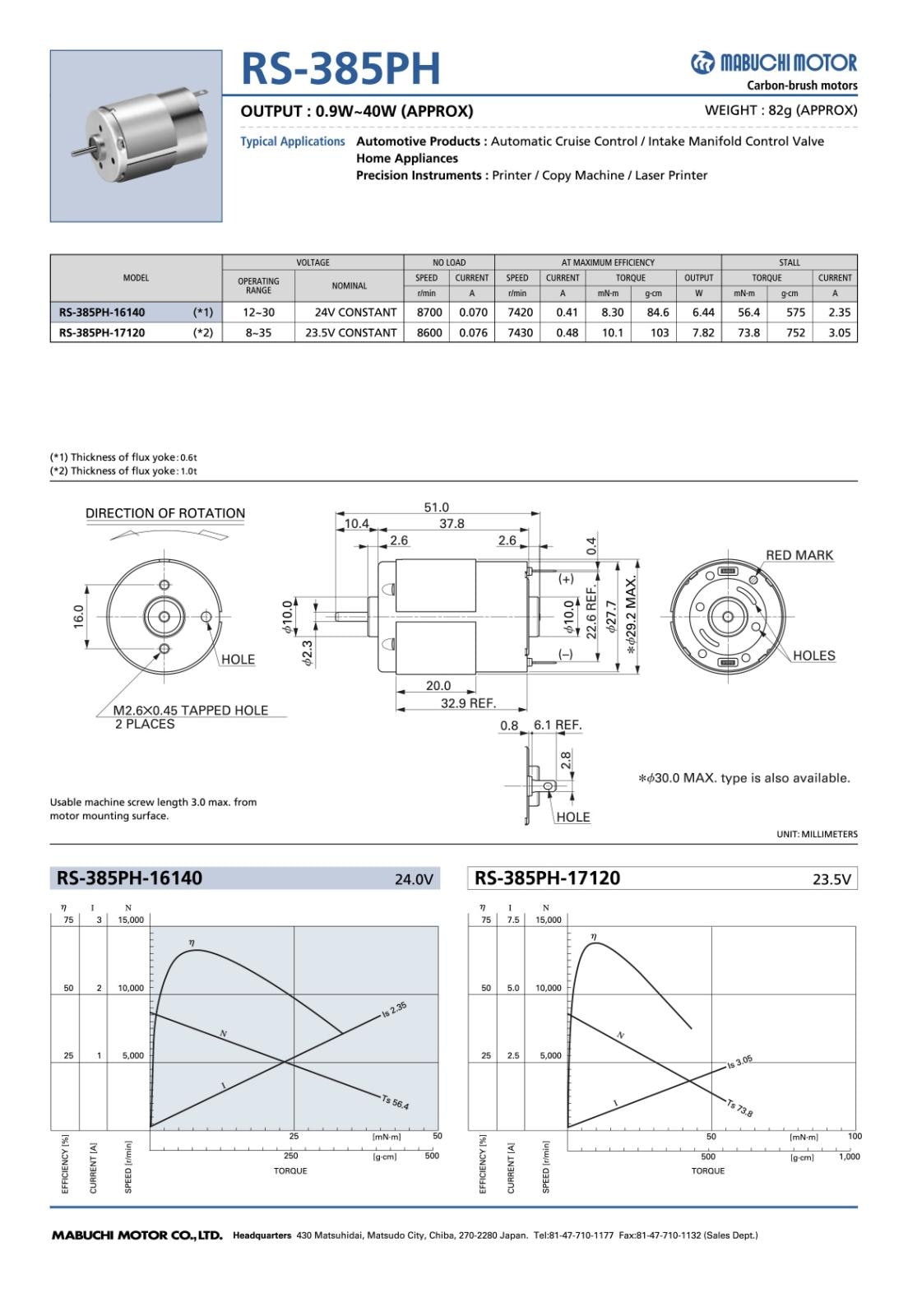 MABUCHI DC ブラシ付き モータ 8 - 35V 23.5V RS-385PH-17120