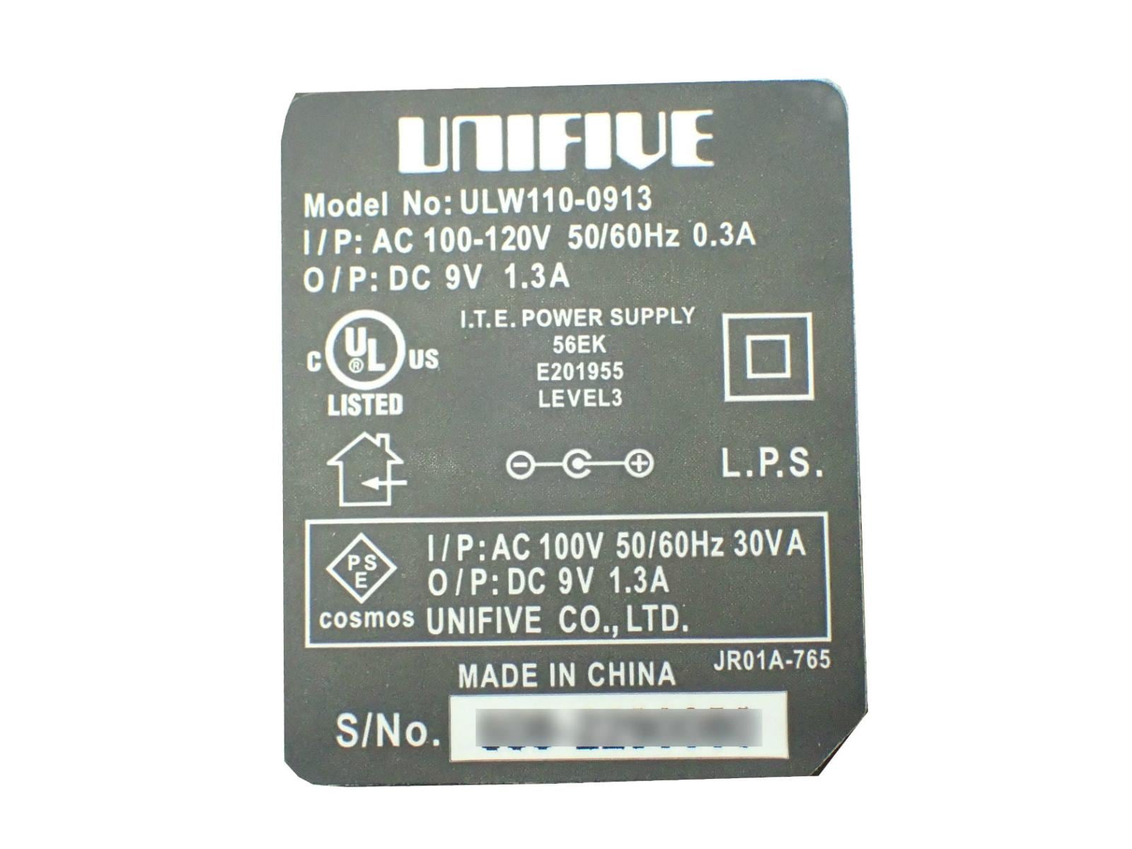 UNIFIVE コンパクト ACアダプタ 11.7W DC 9V 1.3A, ULW110-0913
