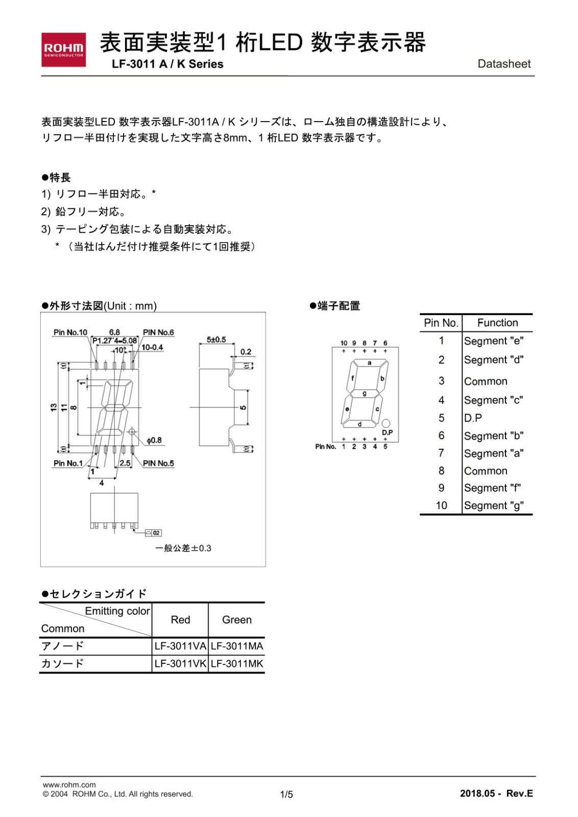 ROHM SMD 表面実装型 1桁 LED 数字表示器 RED アノード LF-301VA (2個セット)