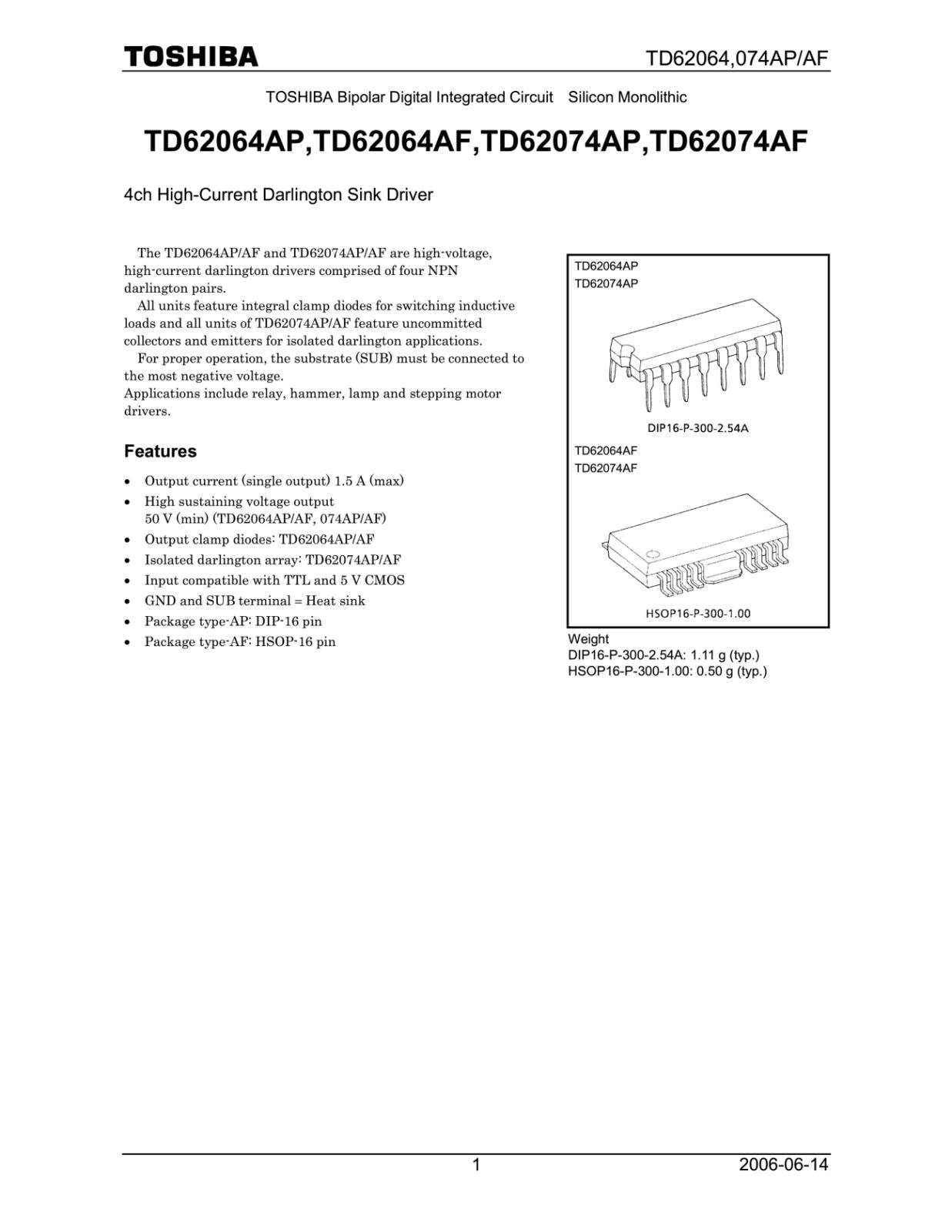 TOSHIBA 4ch High-Current Darlington Sink Driver TD62074AF (EL) (2個セット)