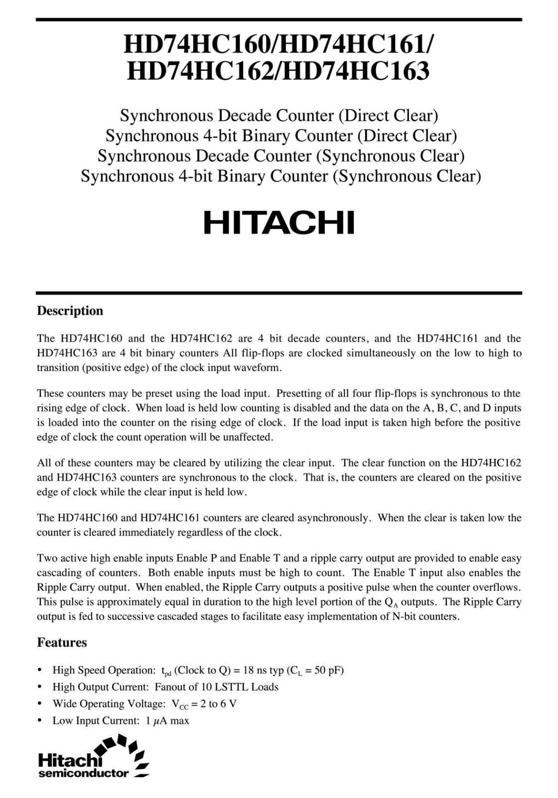HITACHI ロジックIC Synchronous 4-bit Binary Counter HD74HC161FPEL (5個セット)