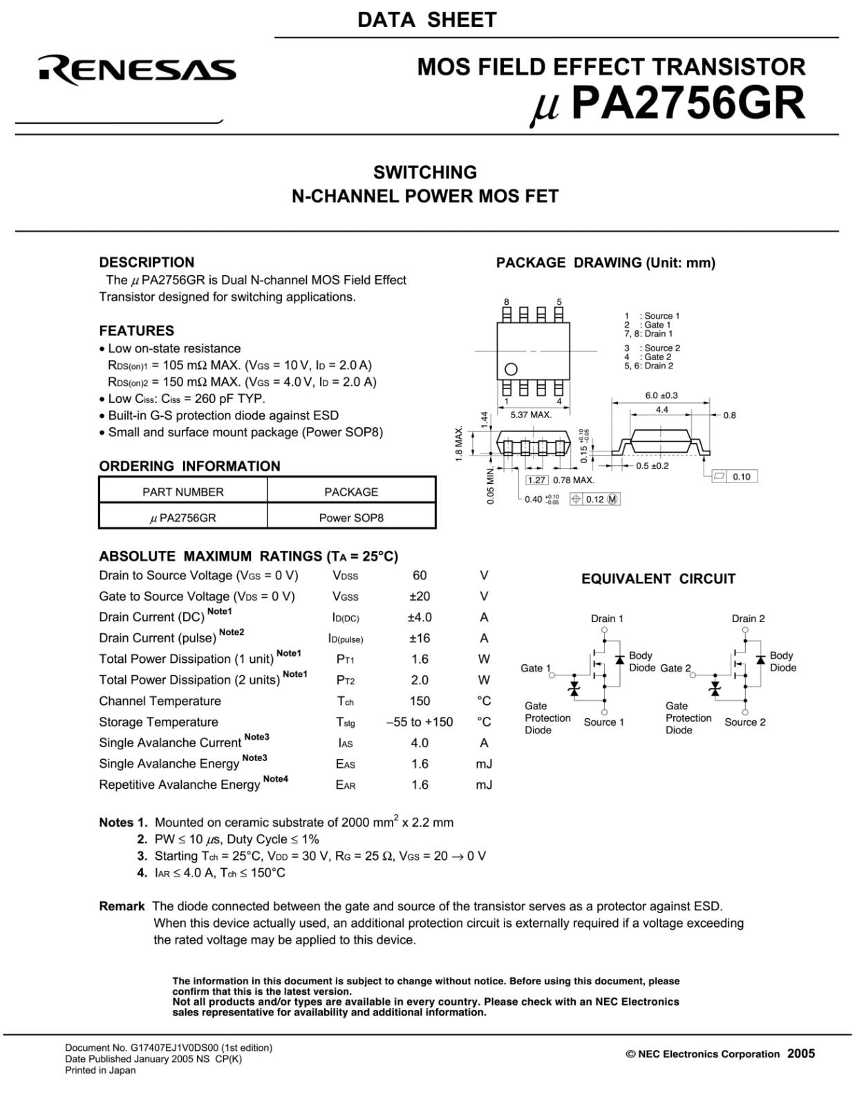 RENESAS SMD 面実装 スイッチング Nチャネル パワーMOS FET 60A 4A UPA2756GR-E2-AT (5個セット)