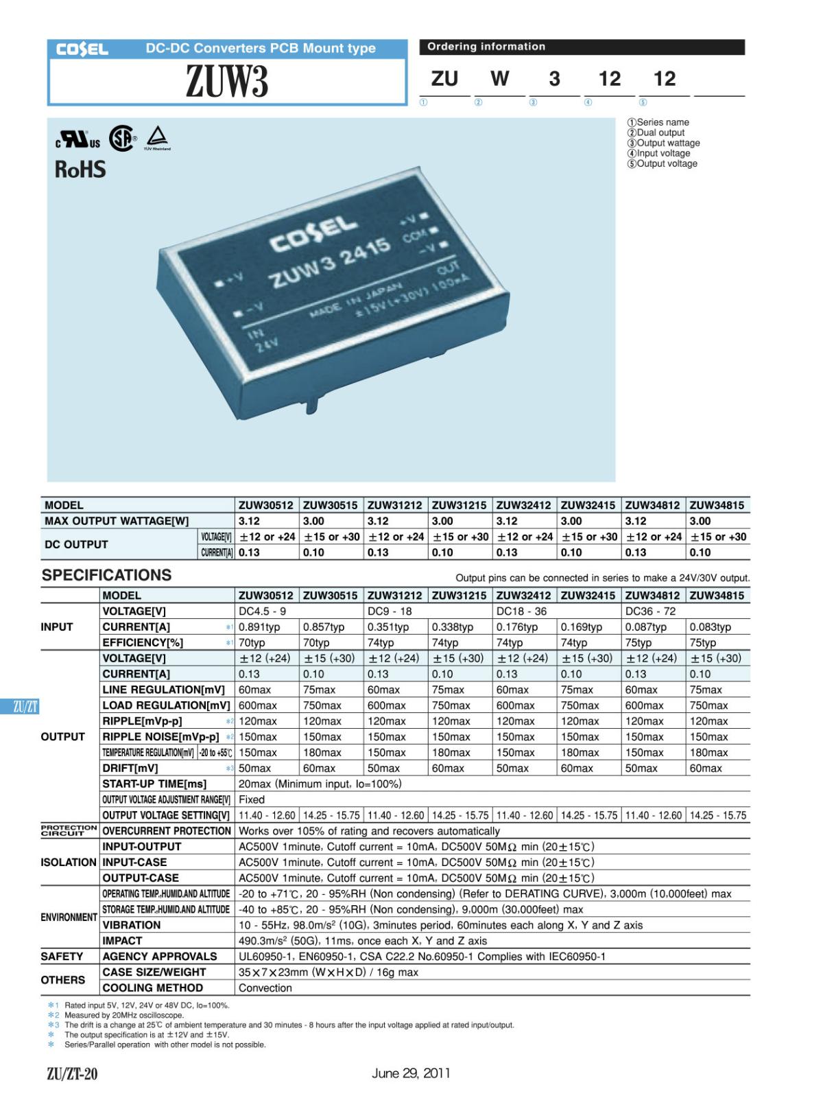 COSEL スイッチング電源 DC / DC コンバータ INPUT: DC4.5 - 9V OUTPUT: 15V 3.00W 0.10A ZUW30515