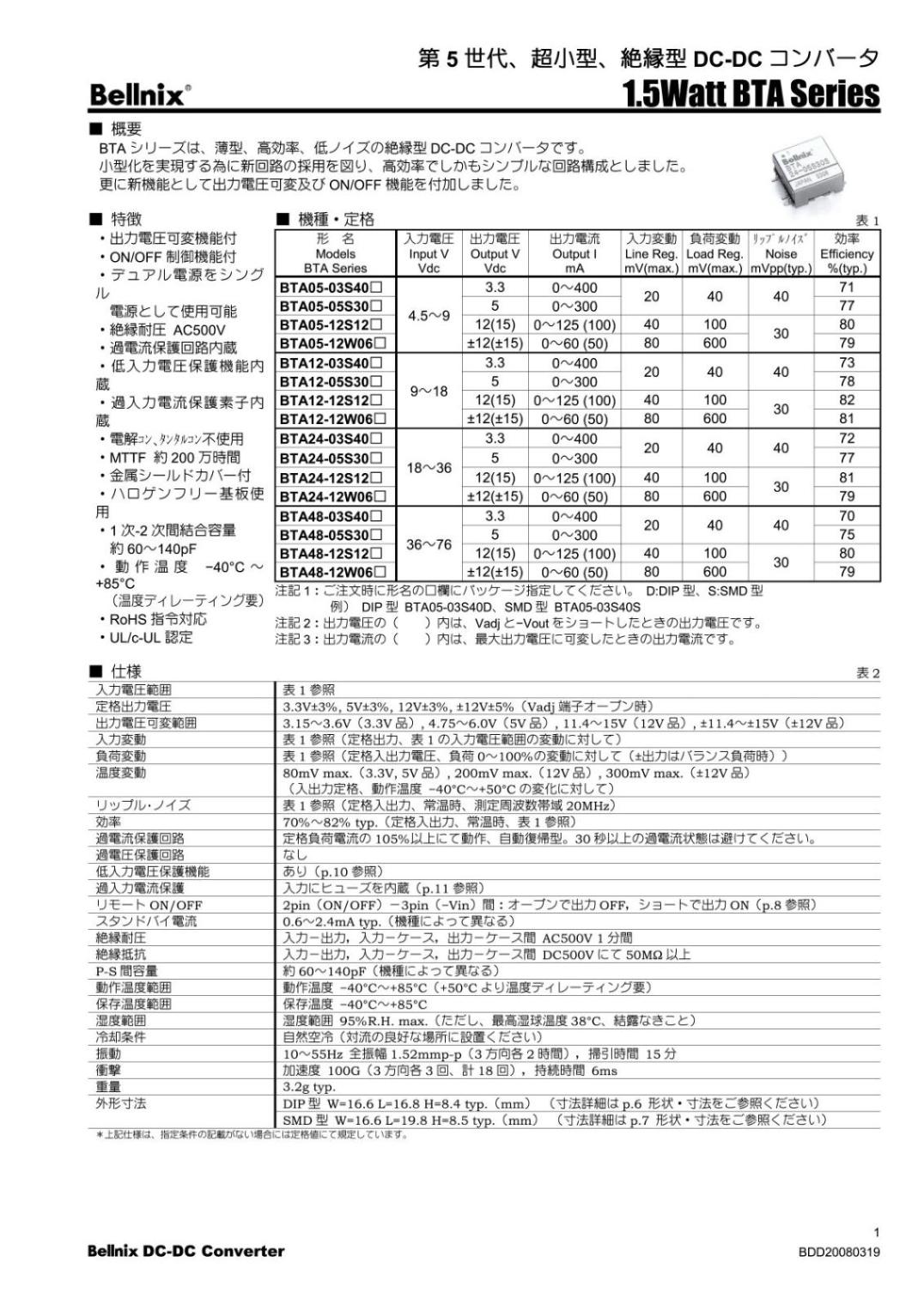 Bellnix SMD 面実装 第5世代 超小型 絶縁型 DC / DC コンバータ スイッチング電源 定格 DC 12V INPUT: 9 - 18V OUTPUT: 5.0V 300mA BTA12-05S30S