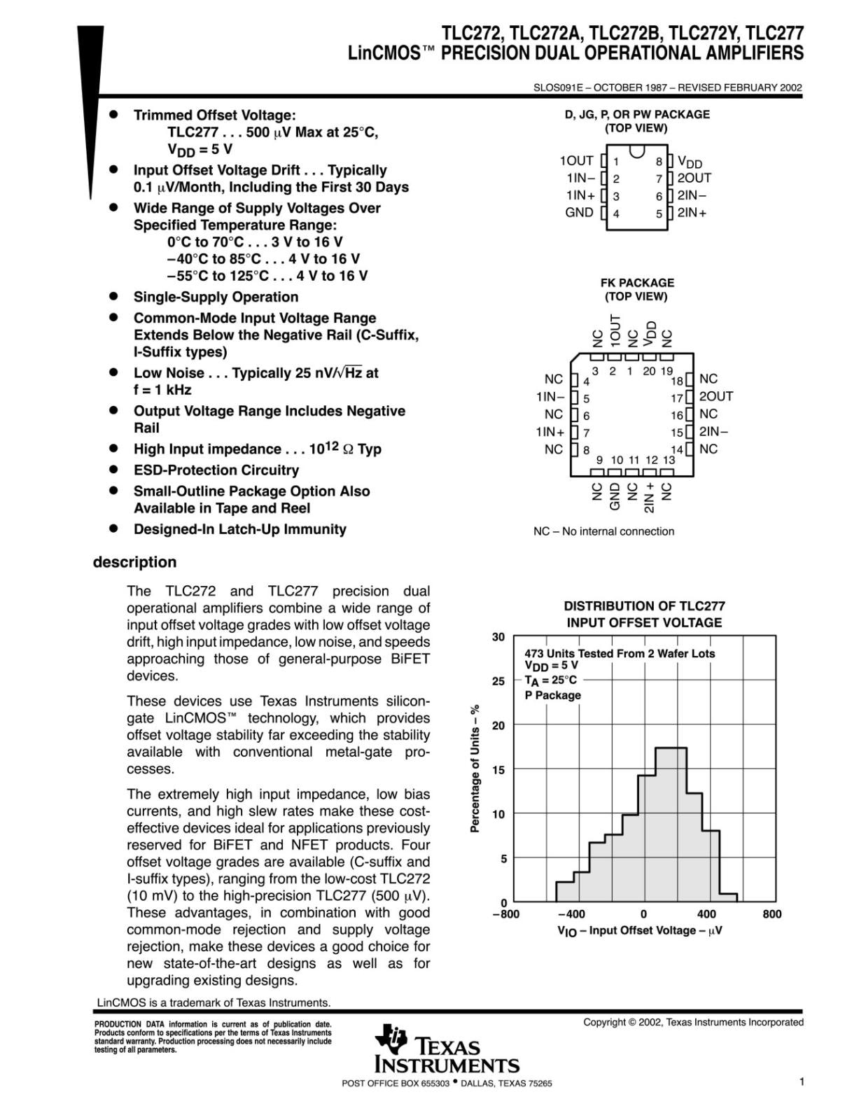 Texas Instruments SMD 面実装 2回路 アンプIC デュアルオペアンプ TLC272CDR (5個セット)
