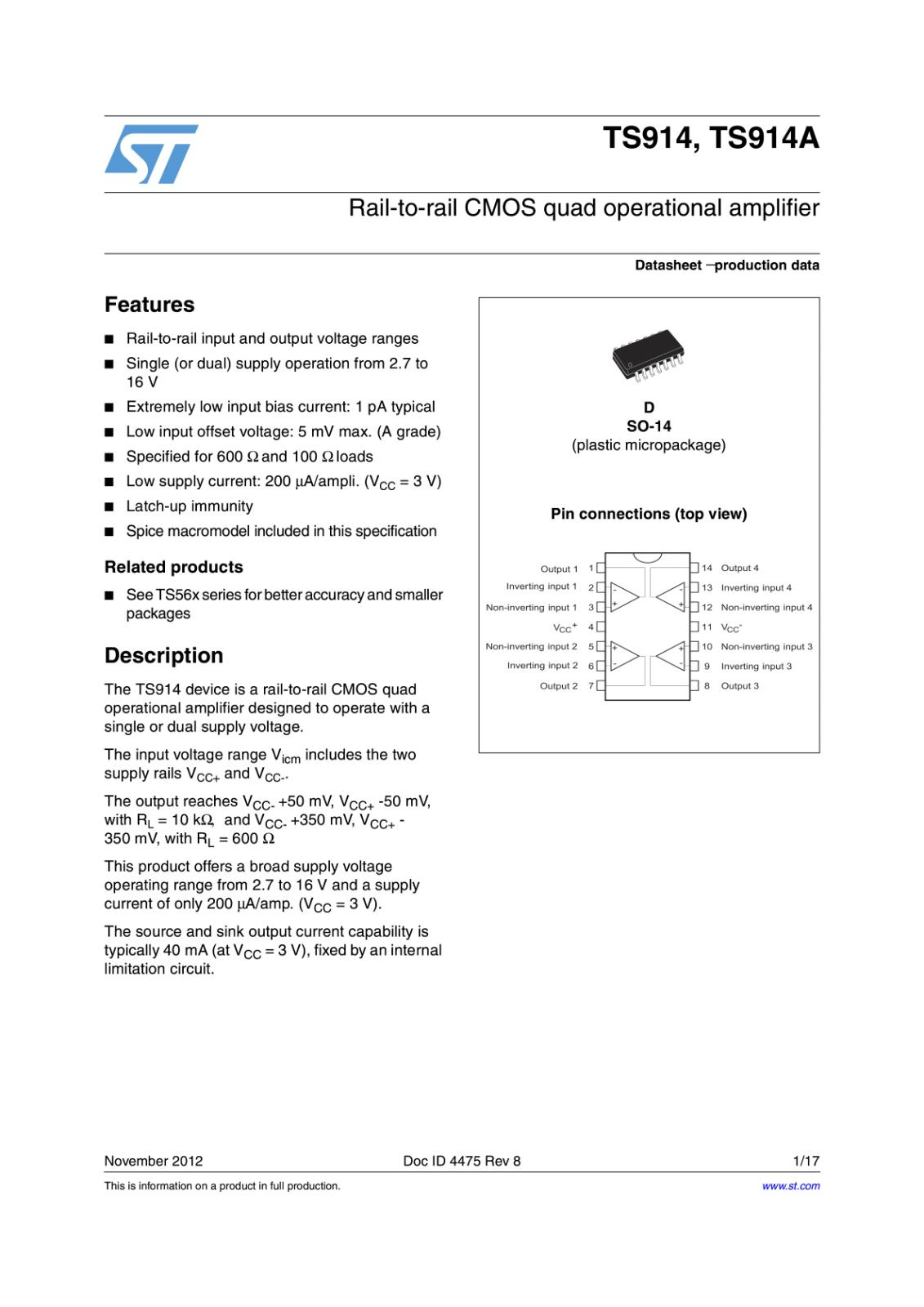 STMicroelectronics SMD 面実装 4回路 アンプIC クアッドオペアンプ TS914AIDT (2個セット)