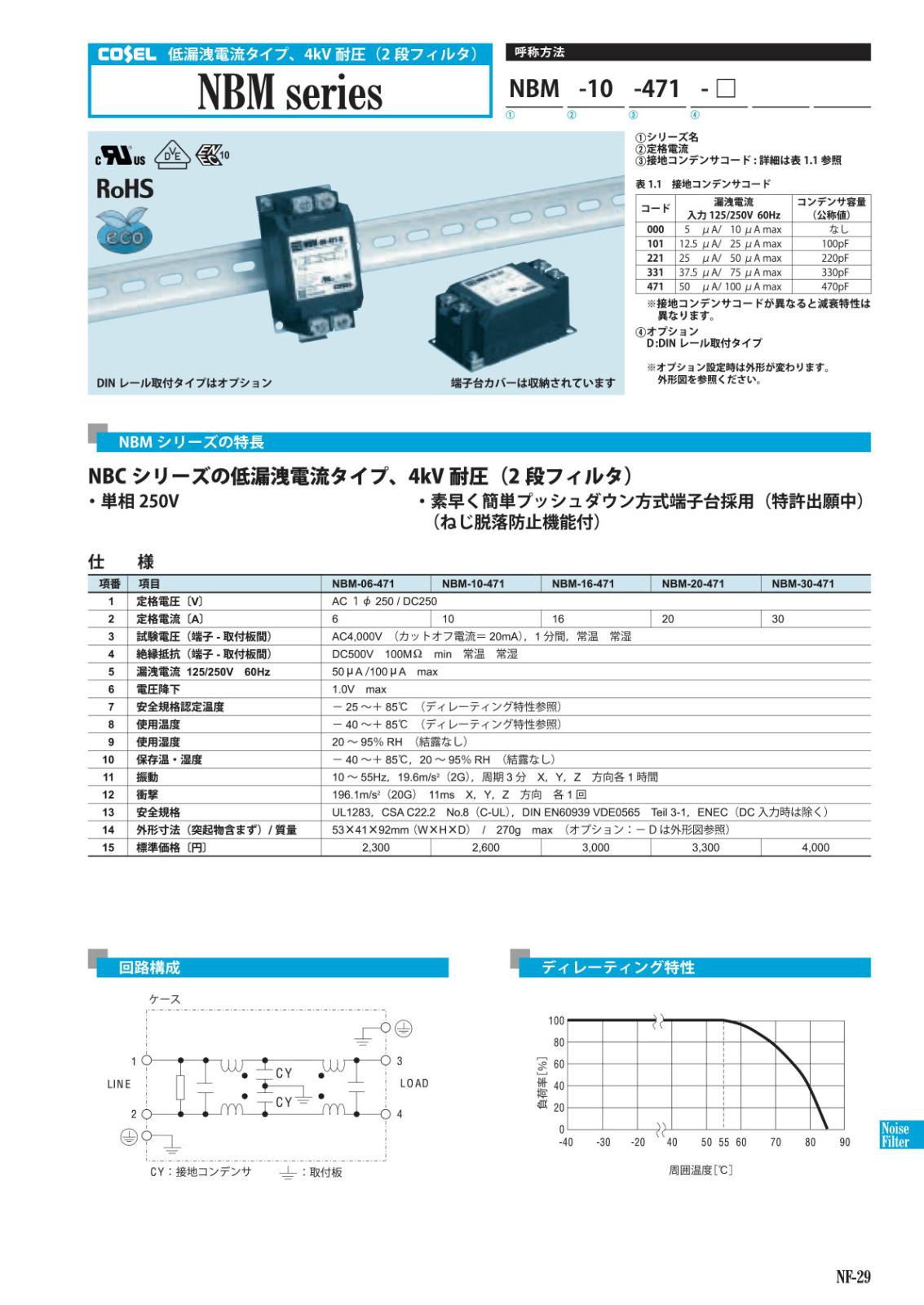 COSEL 低漏洩電流 4kV耐圧 単相入力 250V ノイズフィルタ NBM-06-471