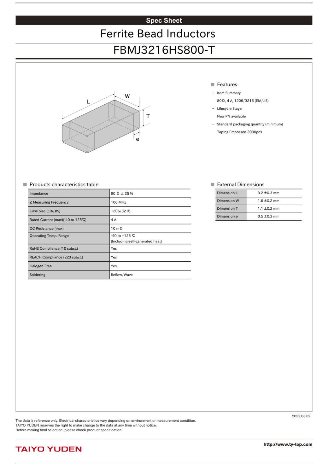 TAIYO YUDEN SMD 面実装 電源ライン向け フェライトビーズ インダクタ 80Ω FBMJ3216HS800-T (5個セット)