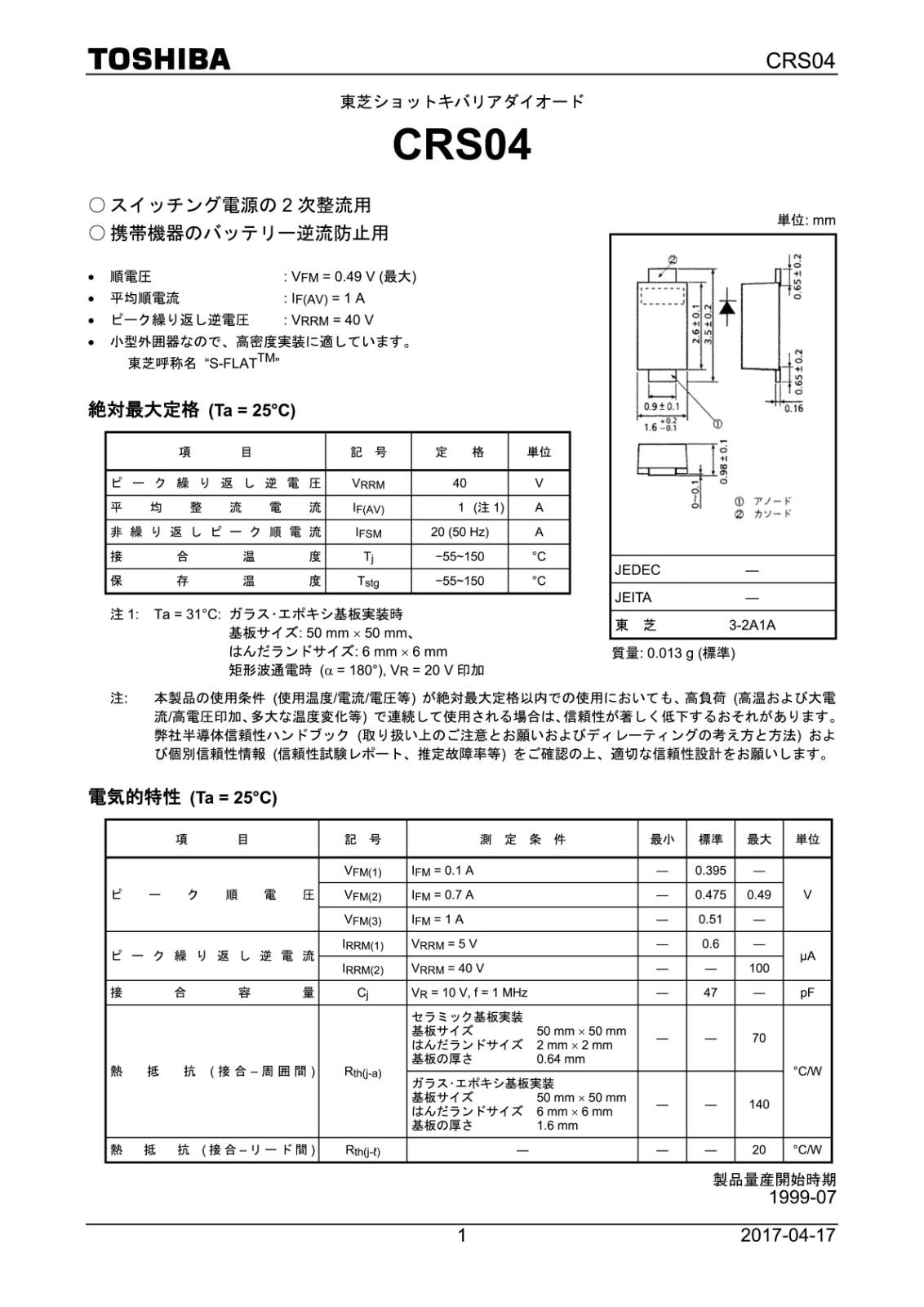 TOSHIBA SMD 面実装 SBD ショットキーバリアダイオード 40V CRS04 (TE85L,Q) (5個セット)