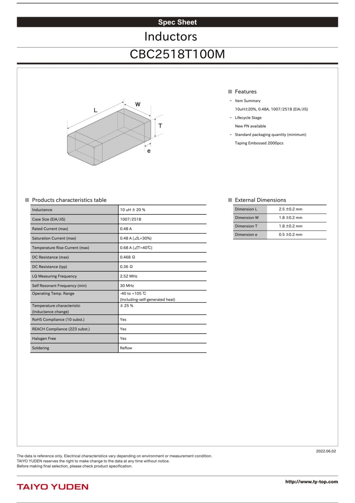 TAIYO YUDEN SMD 面実装 巻線型 インダクタ 10μH 680mA LQ CB C2518T100M CBC2518T100M (5個セット)
