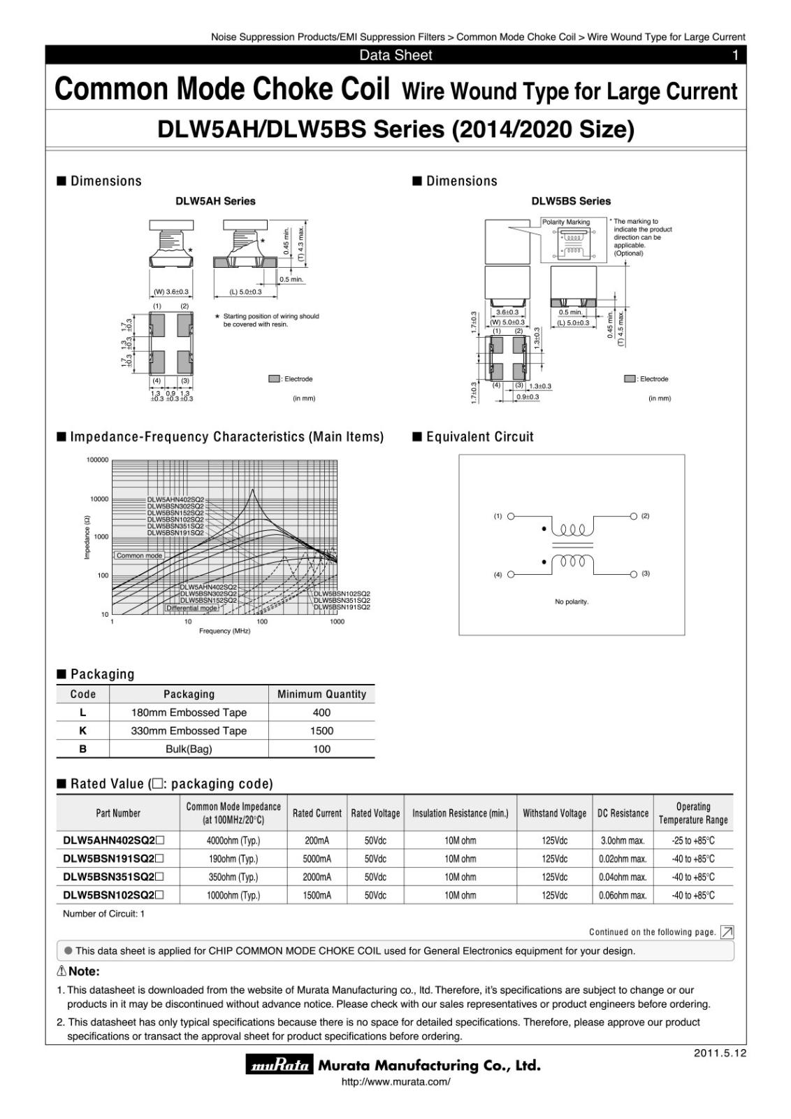 MURATA SMD 面実装 コモンモード チョークコイル DLW5BSN191SQ2L (2個セット)