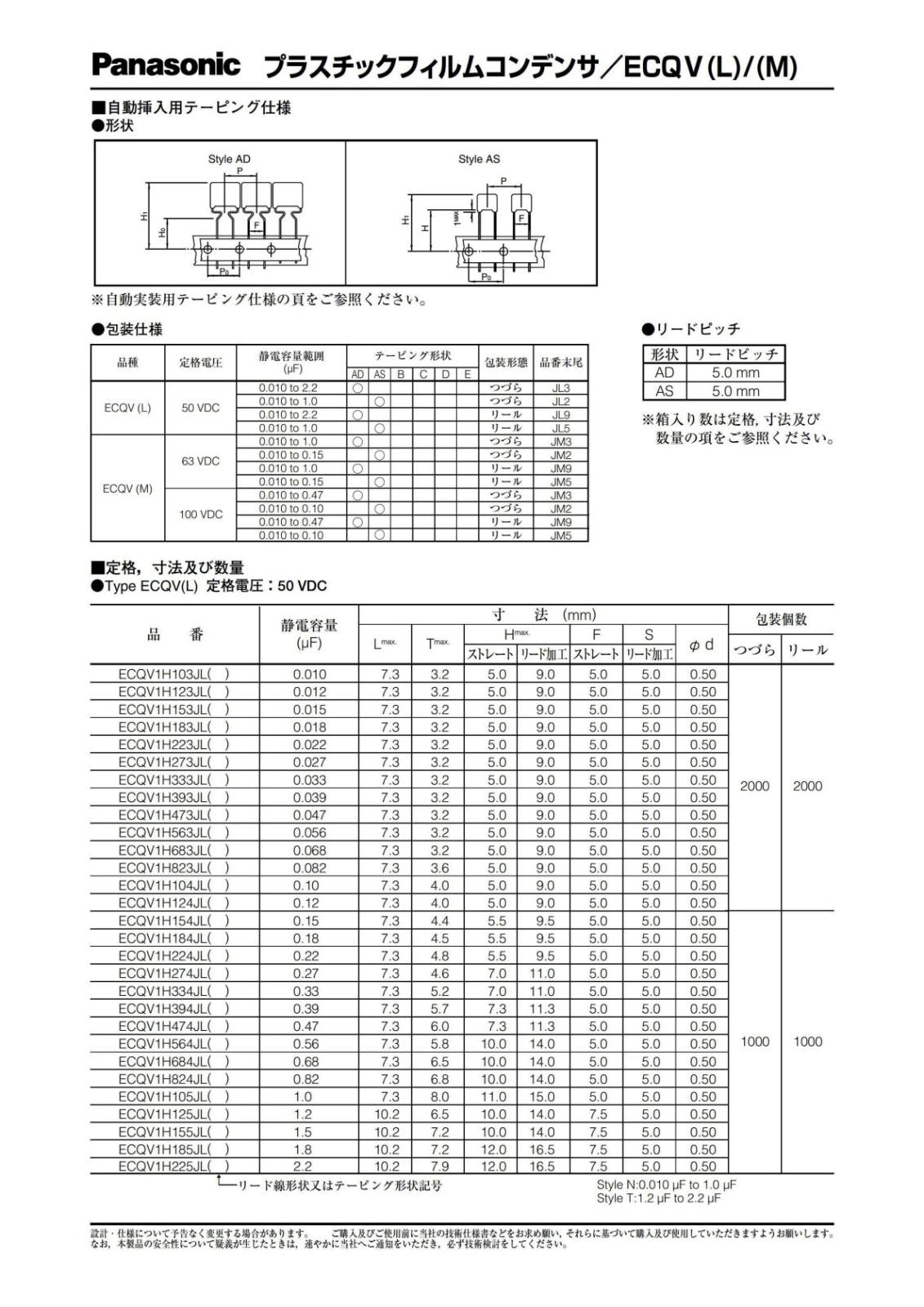 Panasonic ラジアルリード フィルムコンデンサ 50V 0.047μF 105