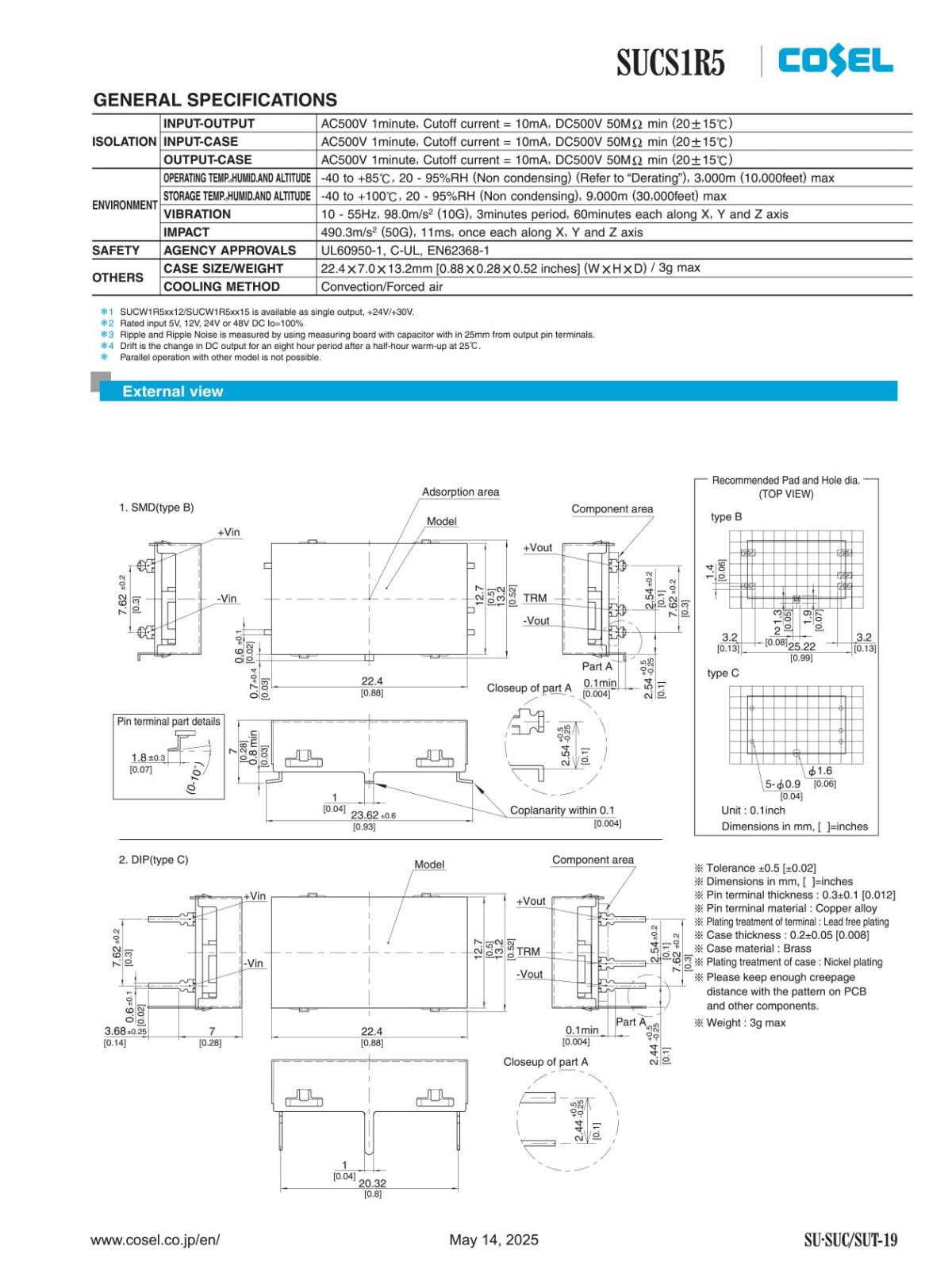 COSEL スイッチング電源 絶縁型DC/DCコンバータ ボードタイプ 1.5W 5V 0.3A SUCS1R50505C