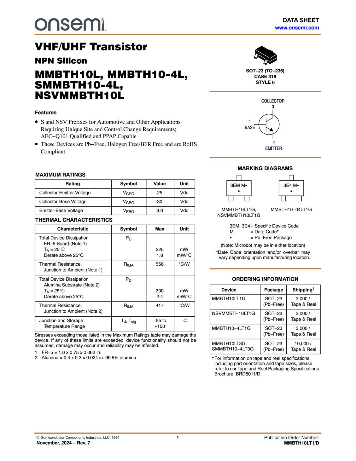 ON Semiconductor SMD 面実装 NPN 抵抗内蔵 バイポーラトランジスタ 25V 225mW MMBTH10-4LT1G (5個セット)