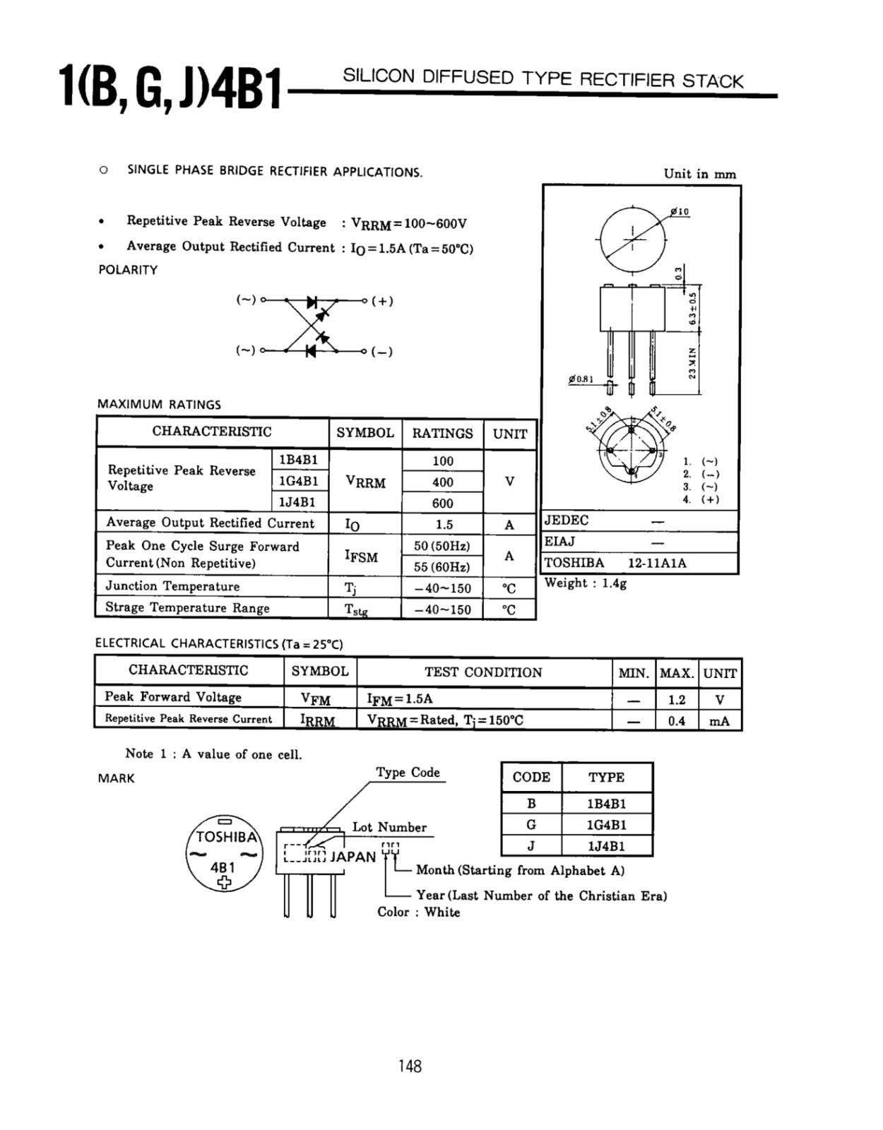 TOSHIBA 丸型 ブリッジ ダイオード 400V 1.5A 1G4B1