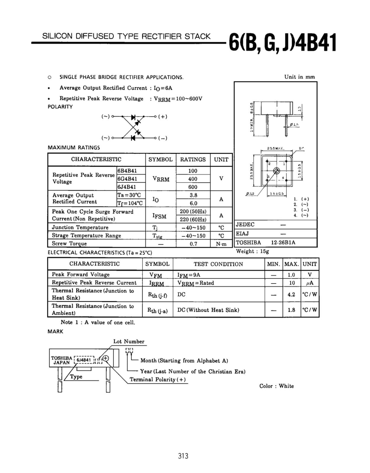 TOSHIBA ブリッジダイオード 600V 6A 6J4B41
