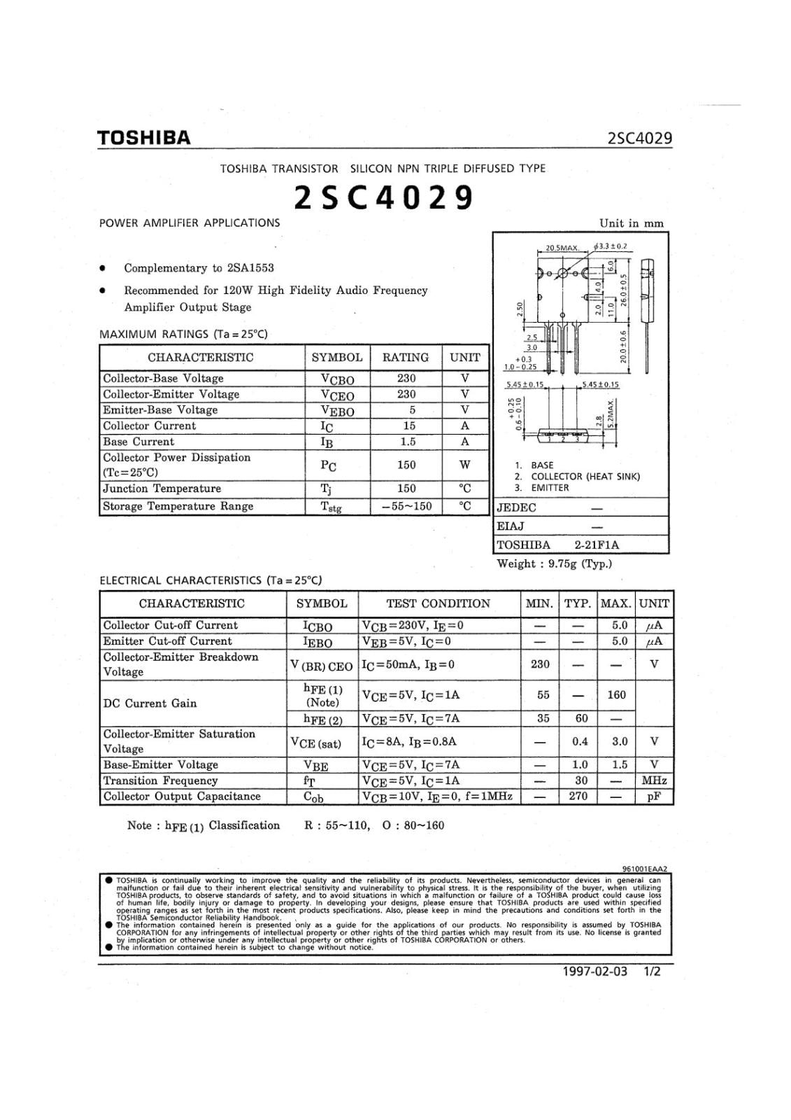 TOSHIBA パワーバイポーラ トランジスタ 230V 15A 2SC4029-O