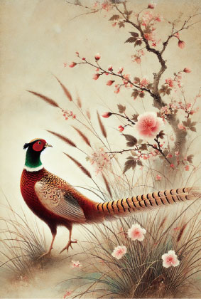 F04　桃花の雉